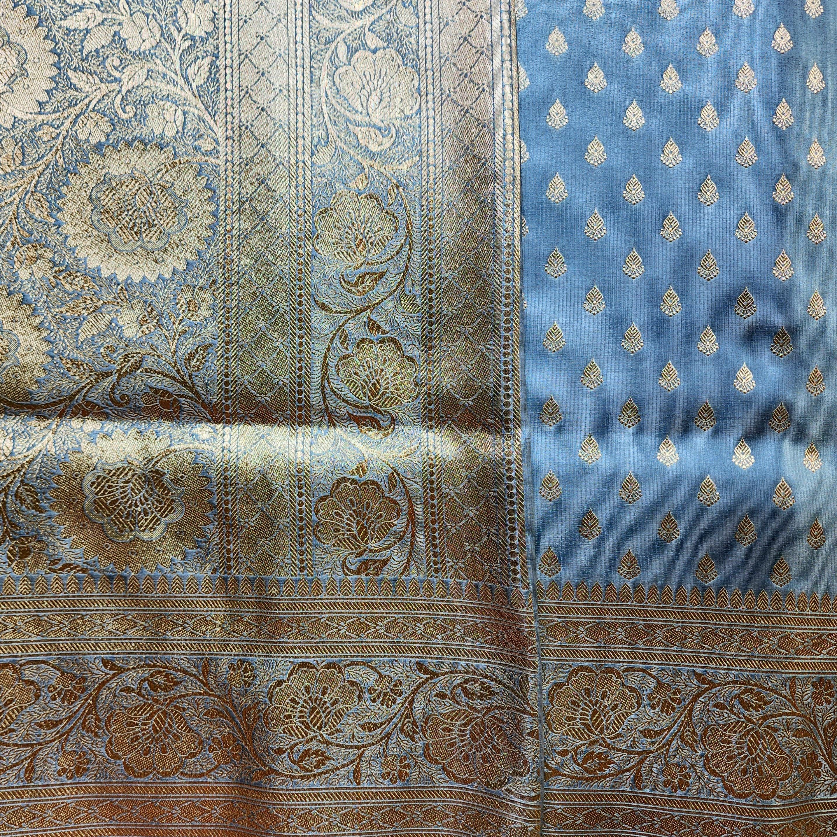 Rich Silver Blue Banarasi Silk Saree with Gold Zari Weaving