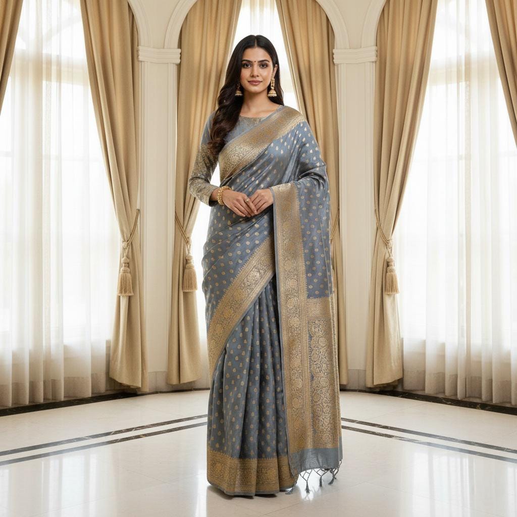 Rich Silver Blue Banarasi Silk Saree with Gold Zari Weaving