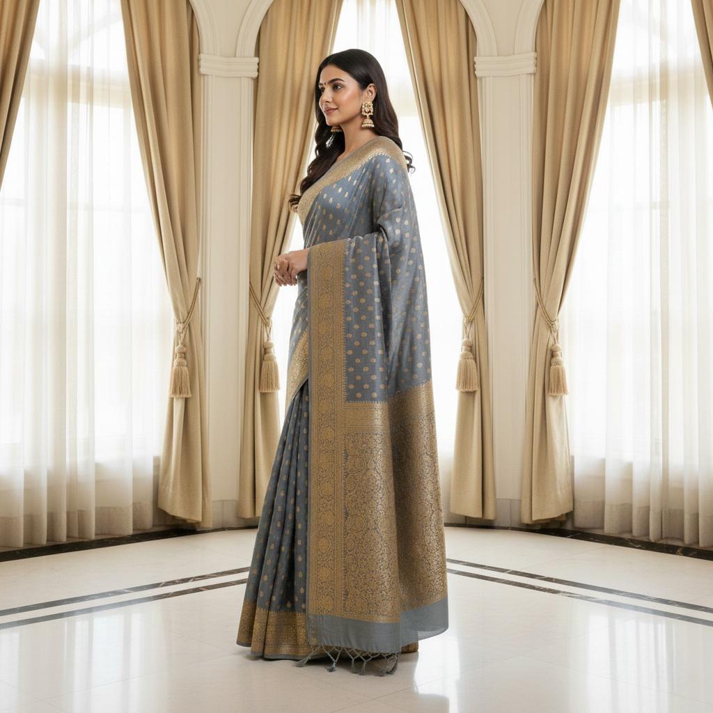 Rich Silver Blue Banarasi Silk Saree with Gold Zari Weaving