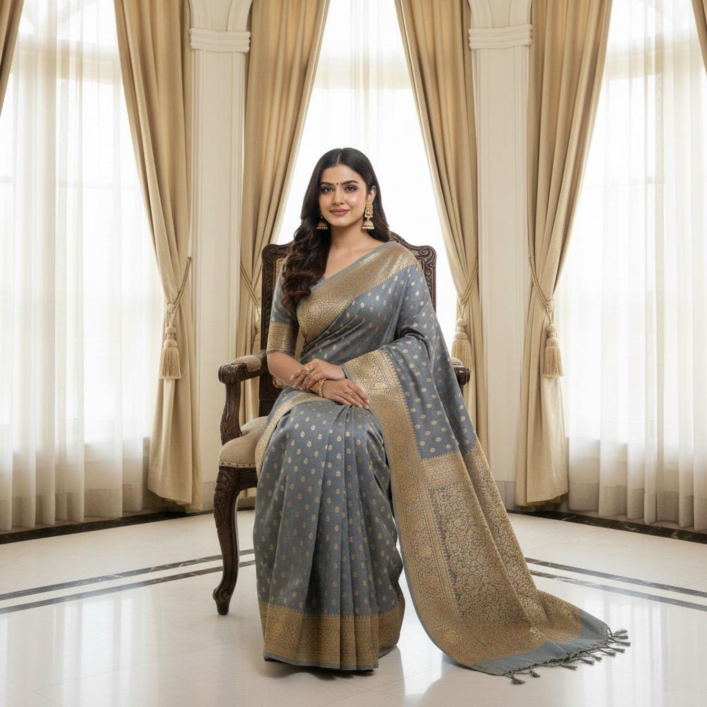 Rich Silver Blue Banarasi Silk Saree with Gold Zari Weaving