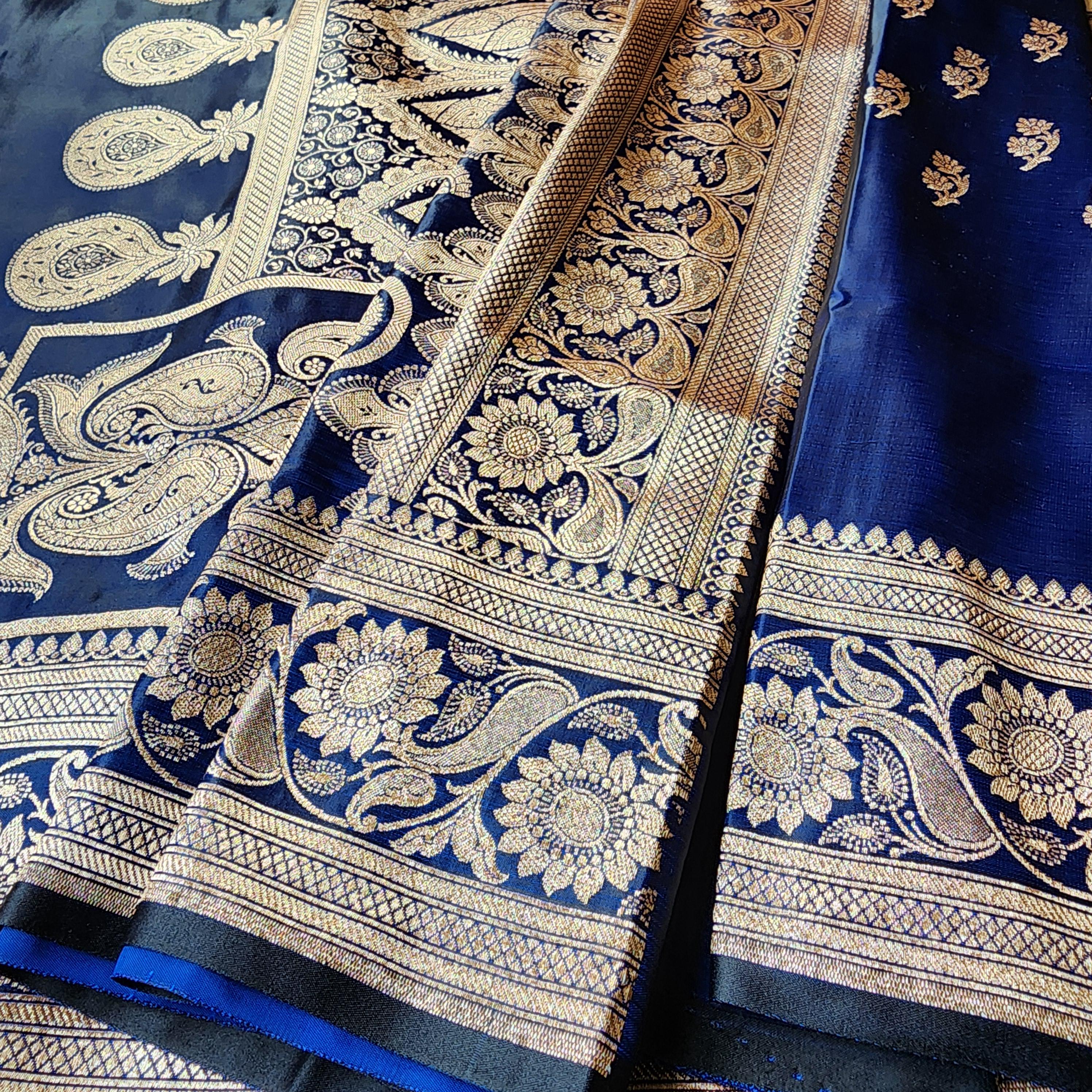 Rich Royal Blue Pure Banarasi Katan Silk Saree with light Gold Zari Weaving