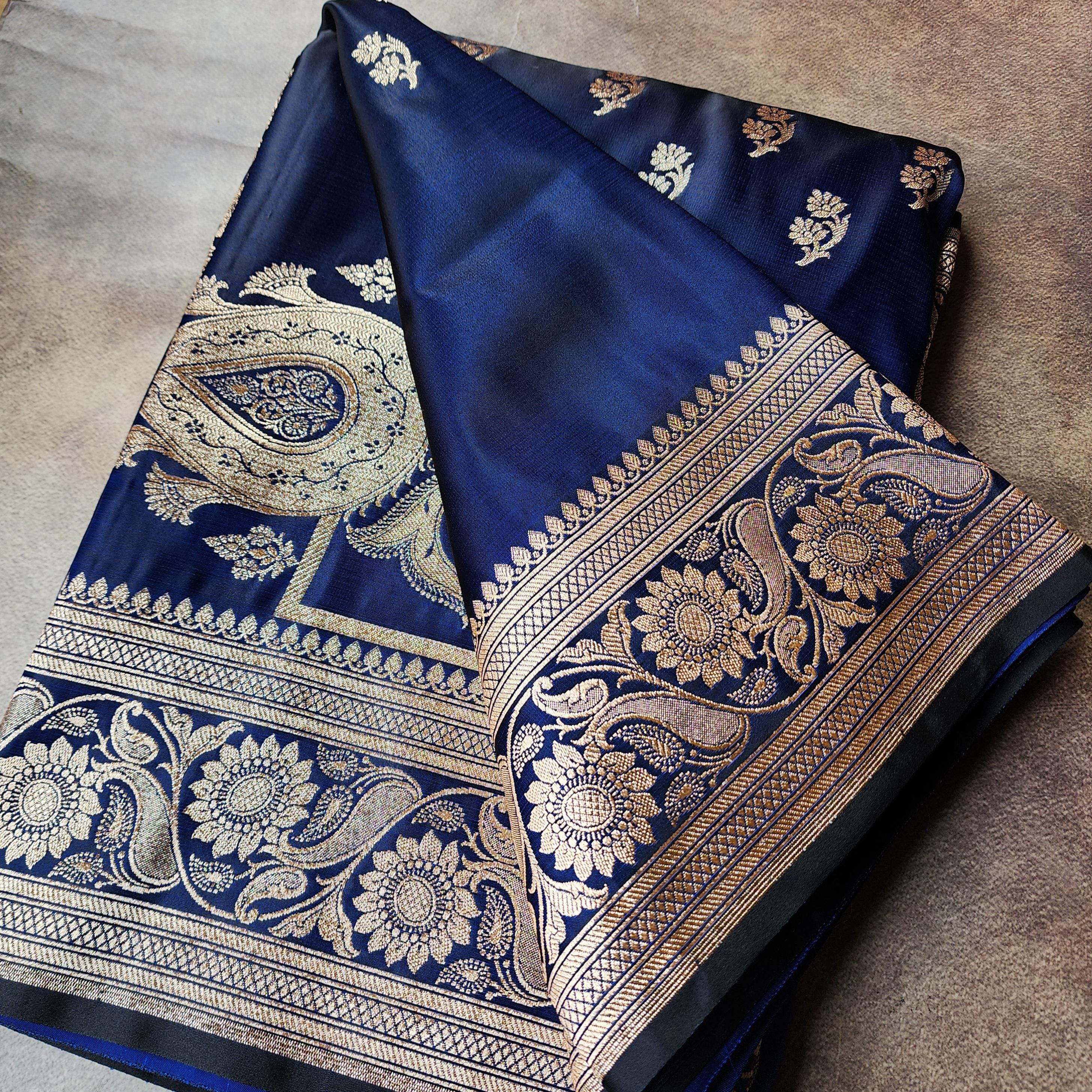Rich Royal Blue Pure Banarasi Katan Silk Saree with light Gold Zari Weaving