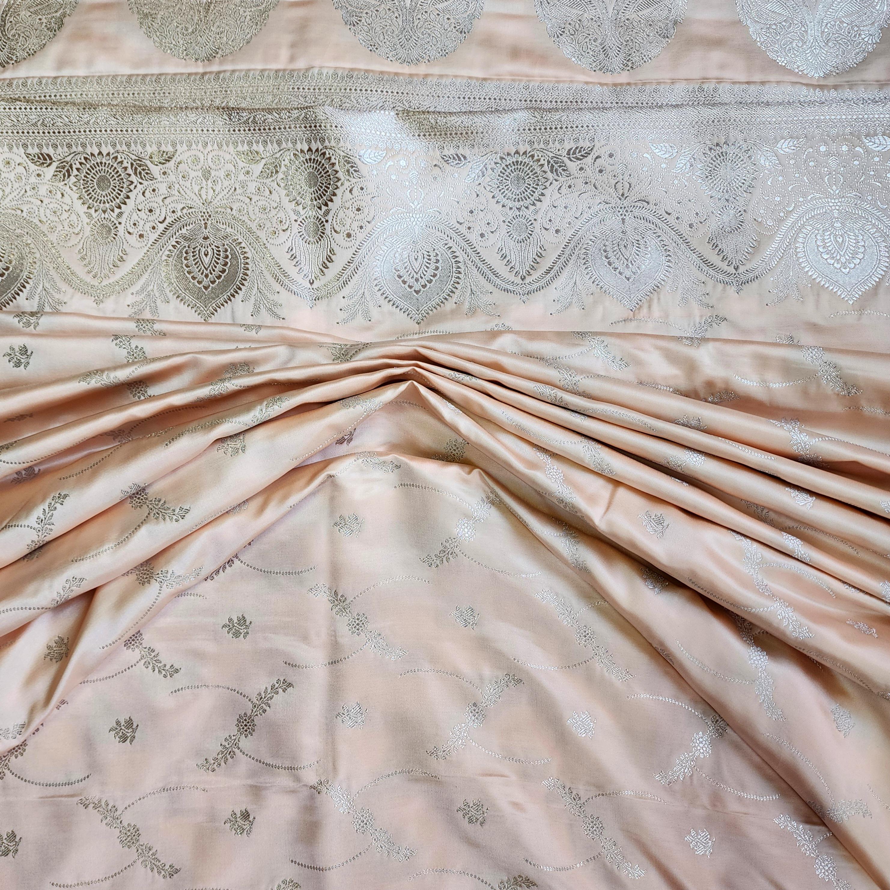 Peach Pure Banarasi Katan Silk Saree with light Gold Zari Weaving