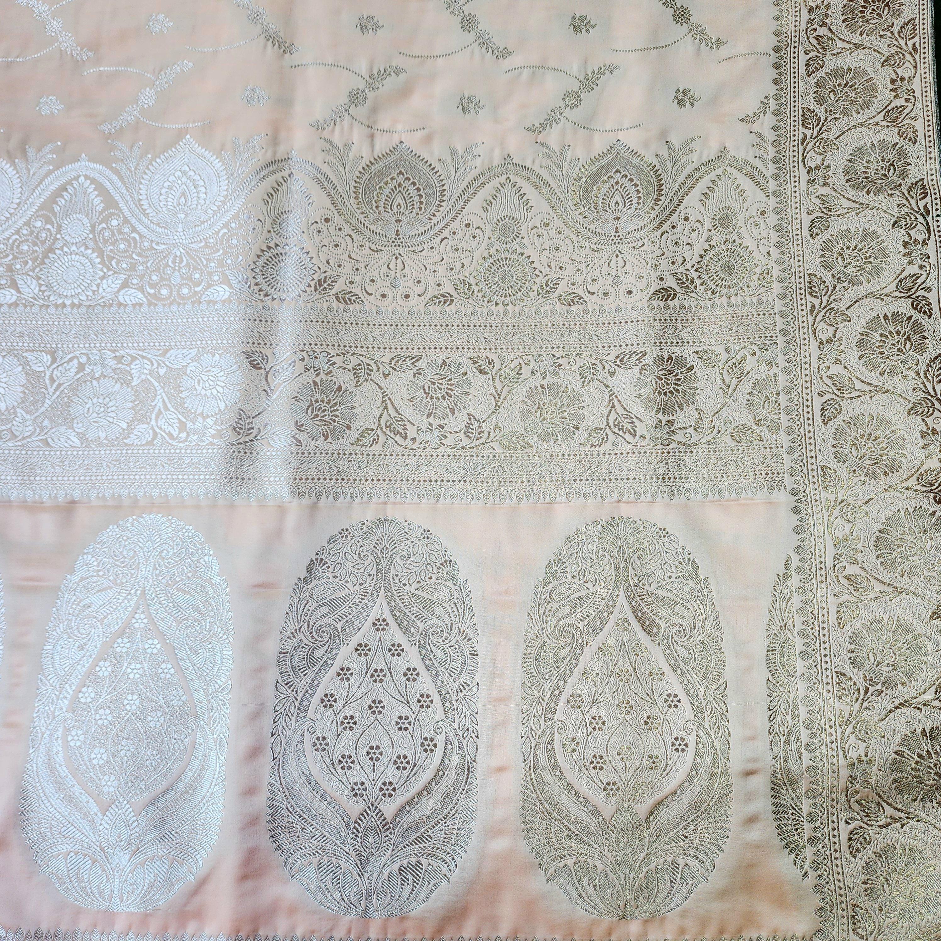 Peach Pure Banarasi Katan Silk Saree with light Gold Zari Weaving