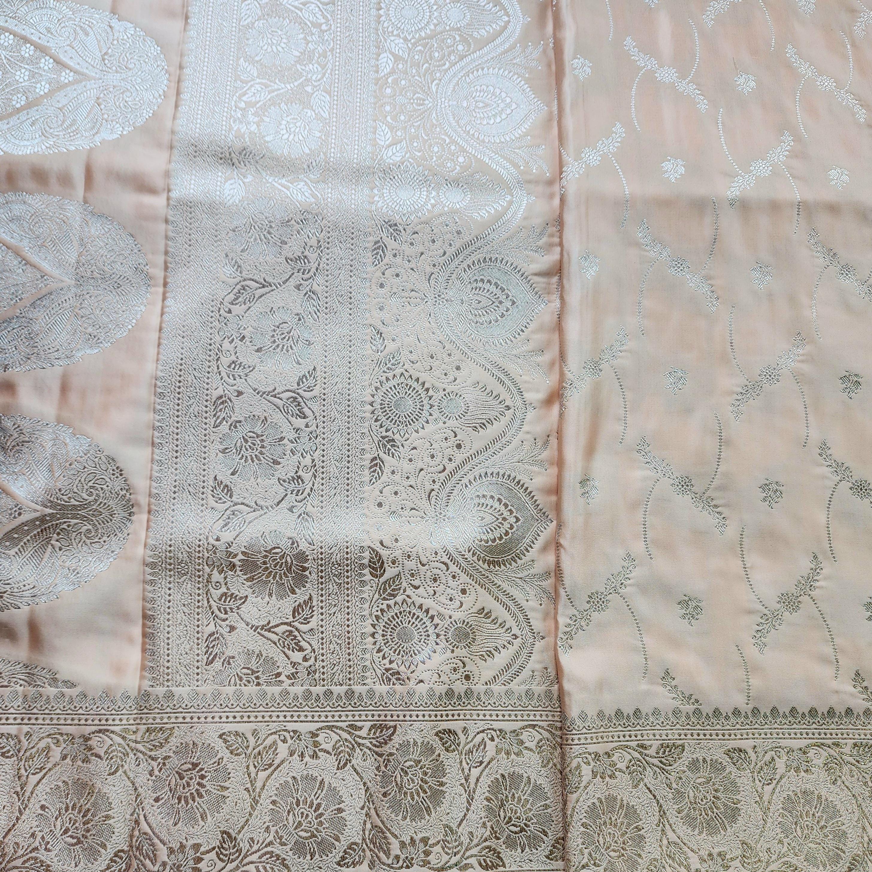 Peach Pure Banarasi Katan Silk Saree with light Gold Zari Weaving