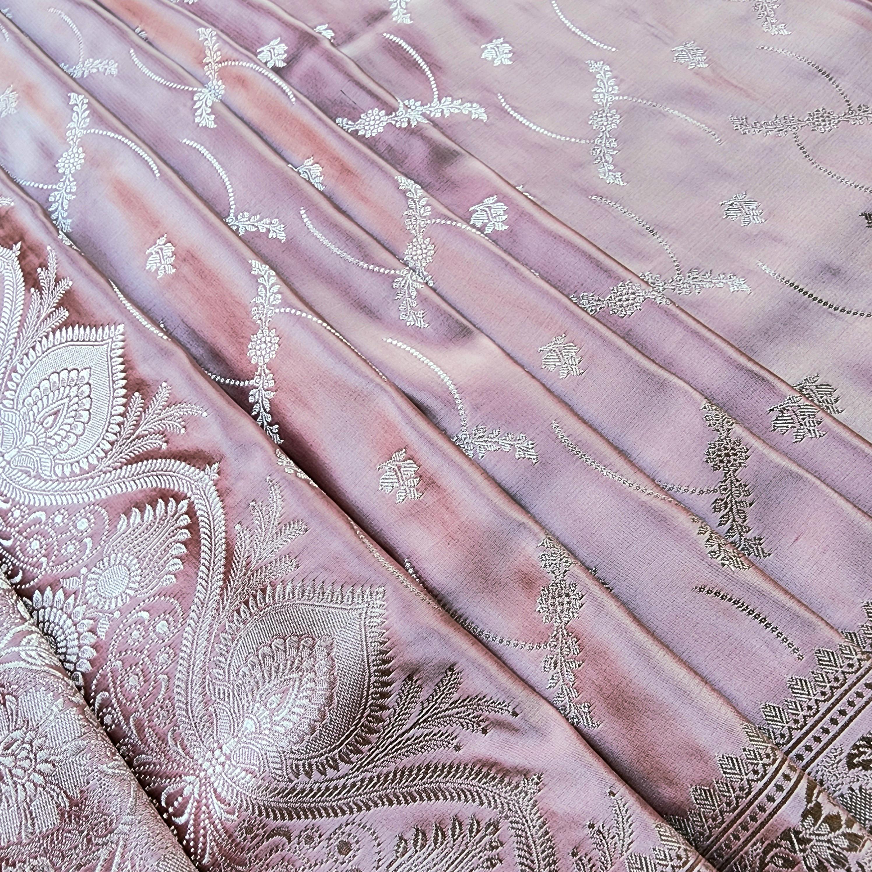 Dusty Rose Pink Pure Banarasi Katan Silk Saree with light Gold Zari Weaving