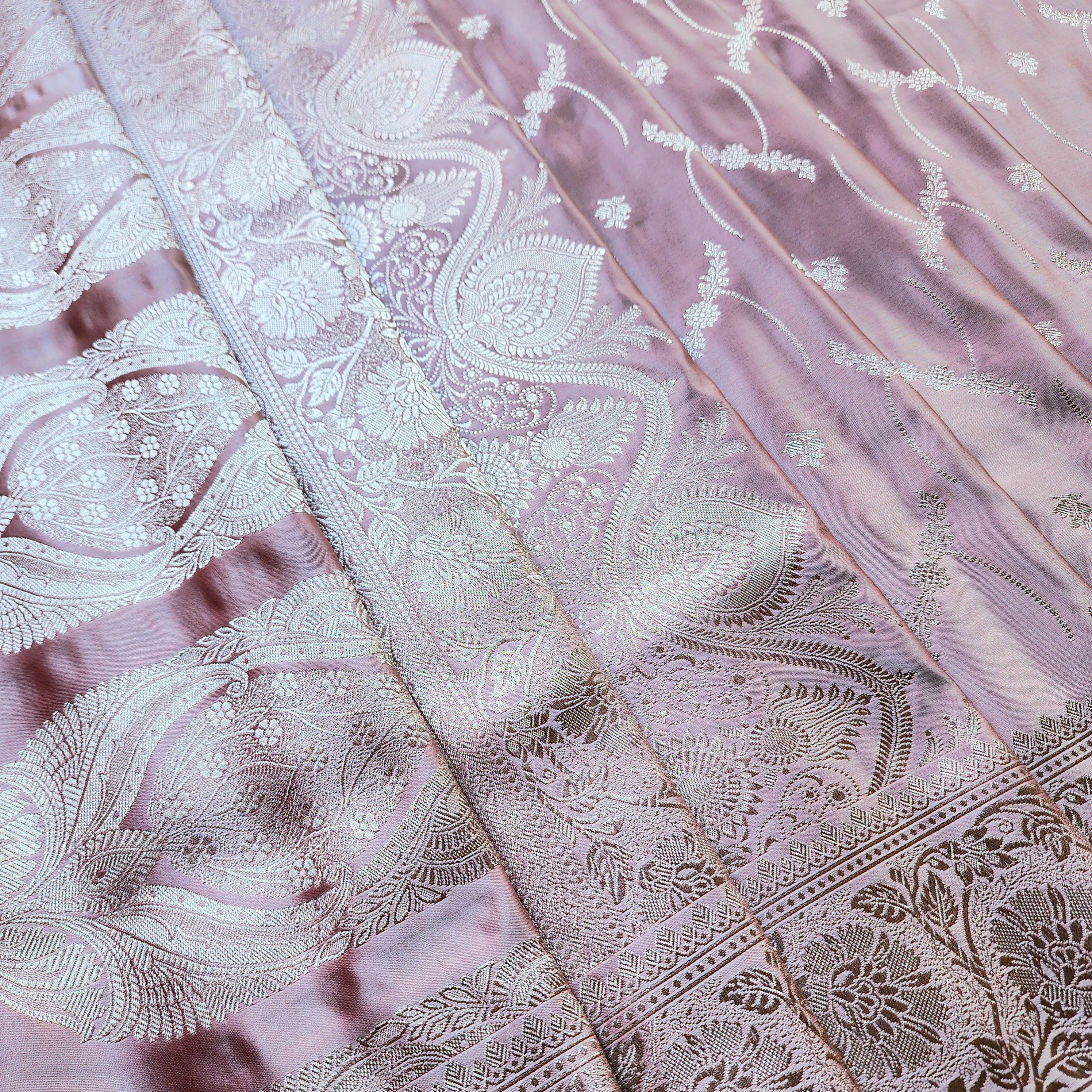 Dusty Rose Pink Pure Banarasi Katan Silk Saree with light Gold Zari Weaving