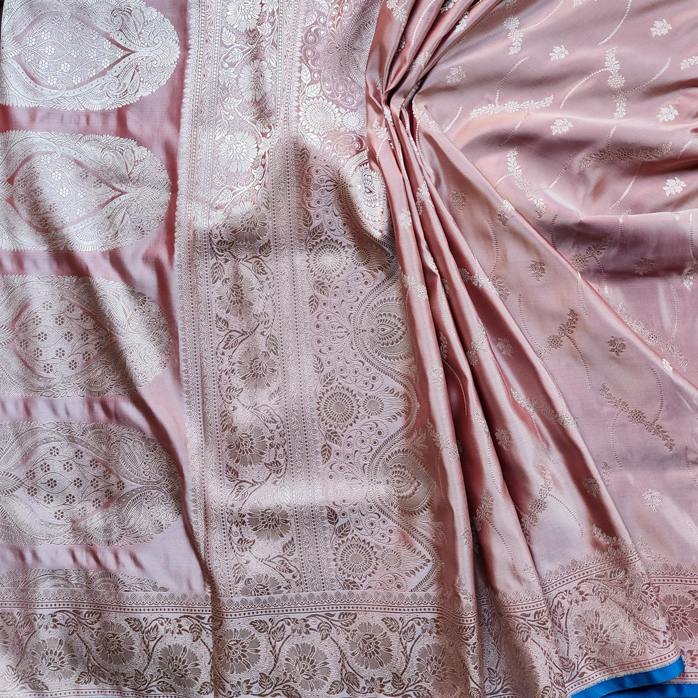 Dusty Rose Pink Pure Banarasi Katan Silk Saree with light Gold Zari Weaving