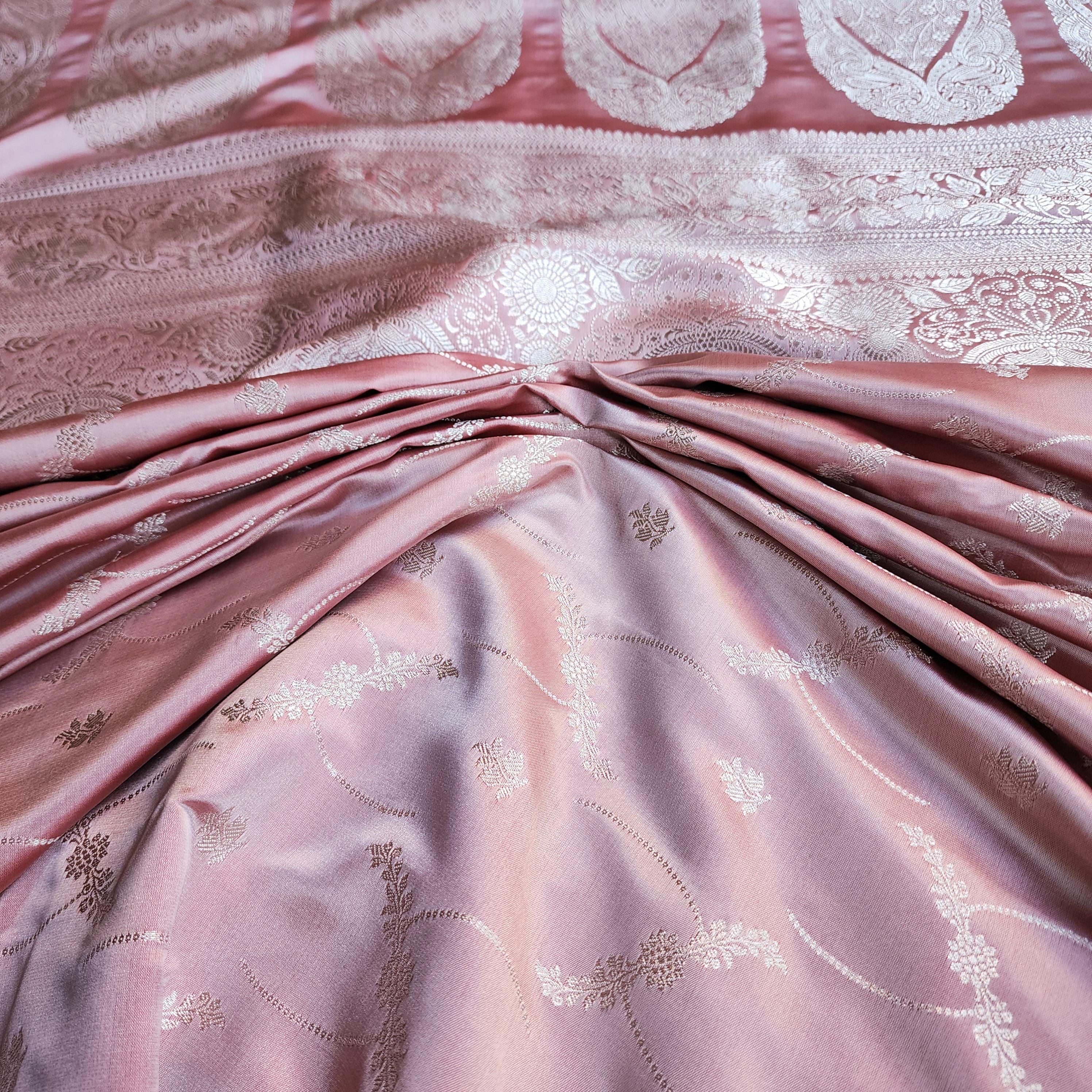 Dusty Rose Pink Pure Banarasi Katan Silk Saree with light Gold Zari Weaving