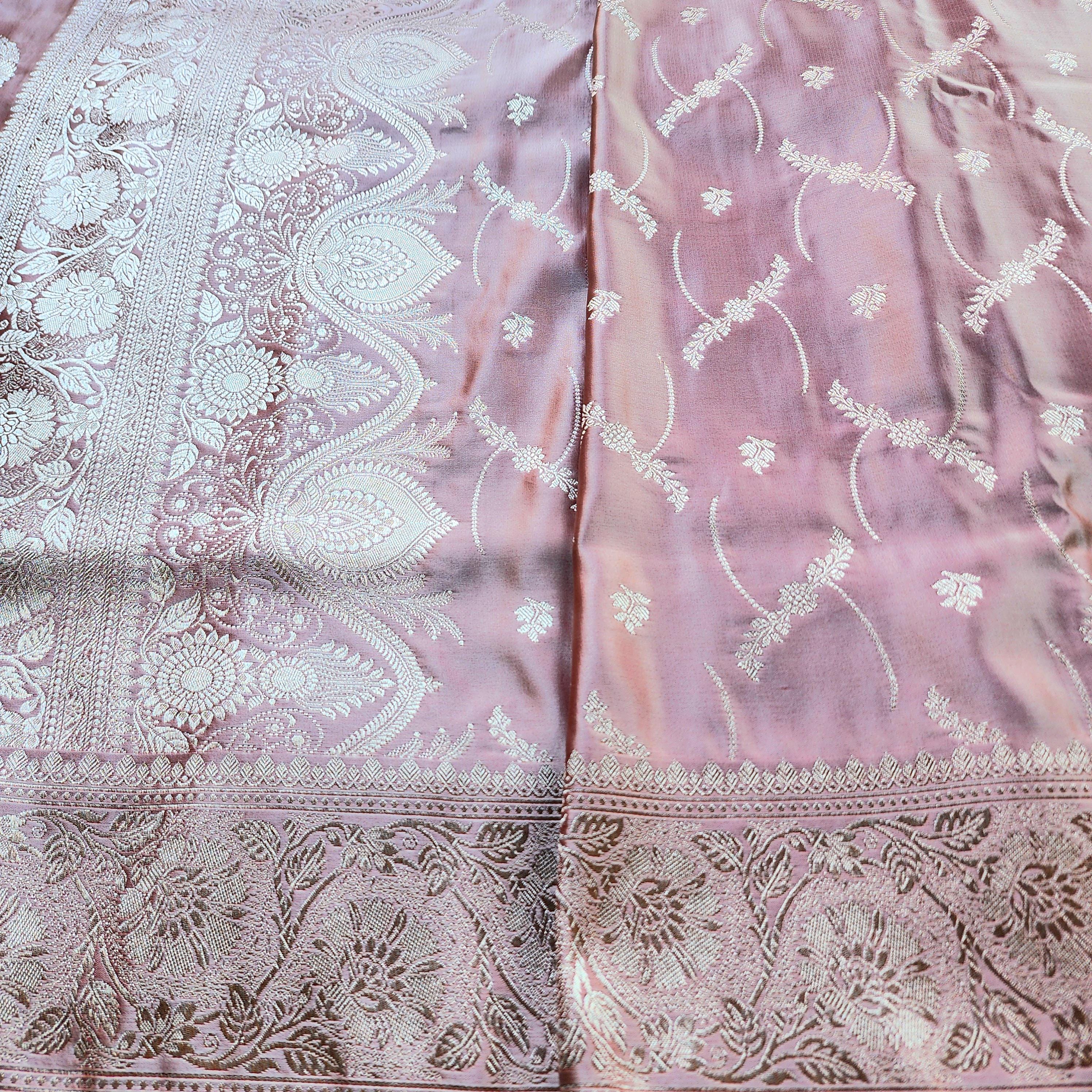 Dusty Rose Pink Pure Banarasi Katan Silk Saree with light Gold Zari Weaving