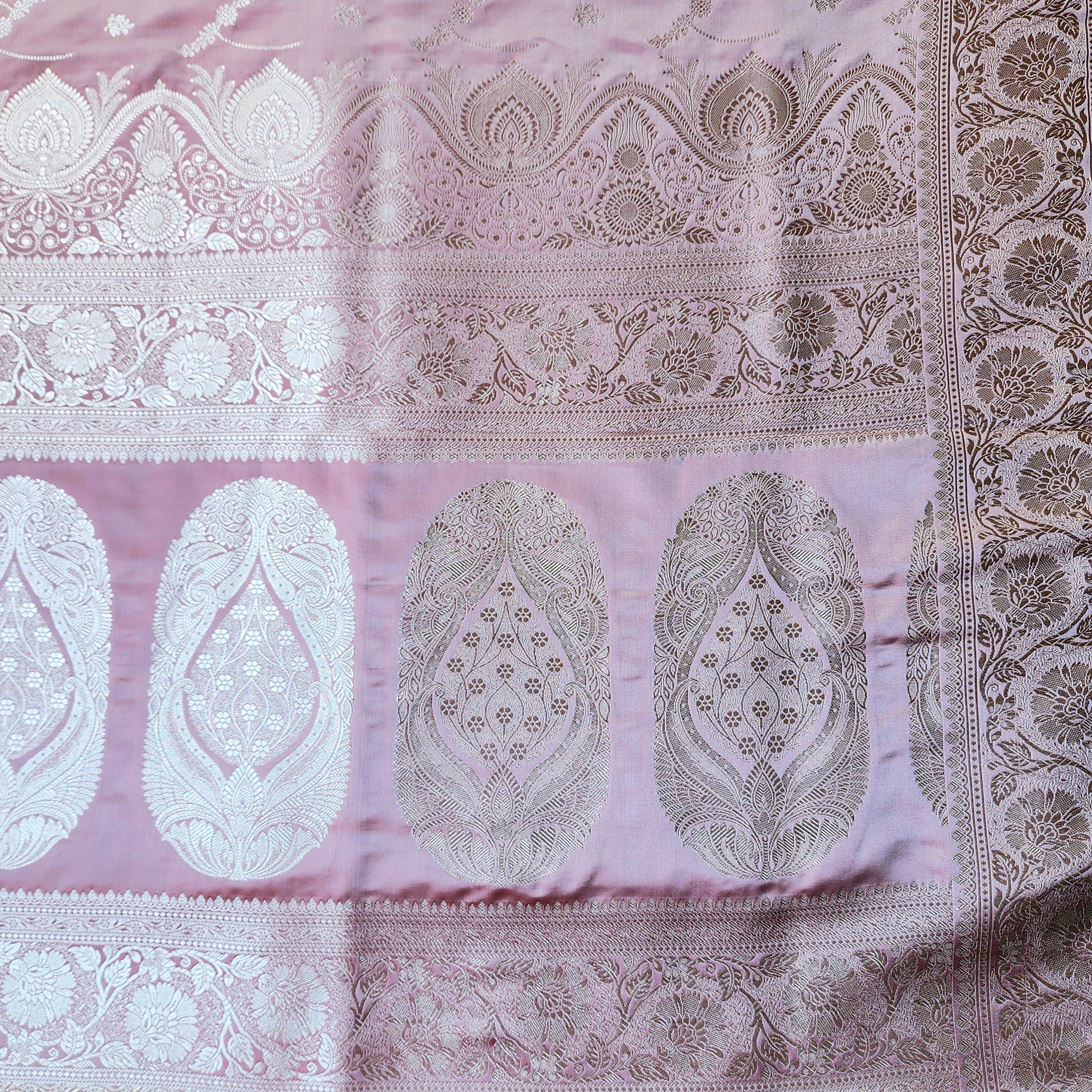 Dusty Rose Pink Pure Banarasi Katan Silk Saree with light Gold Zari Weaving