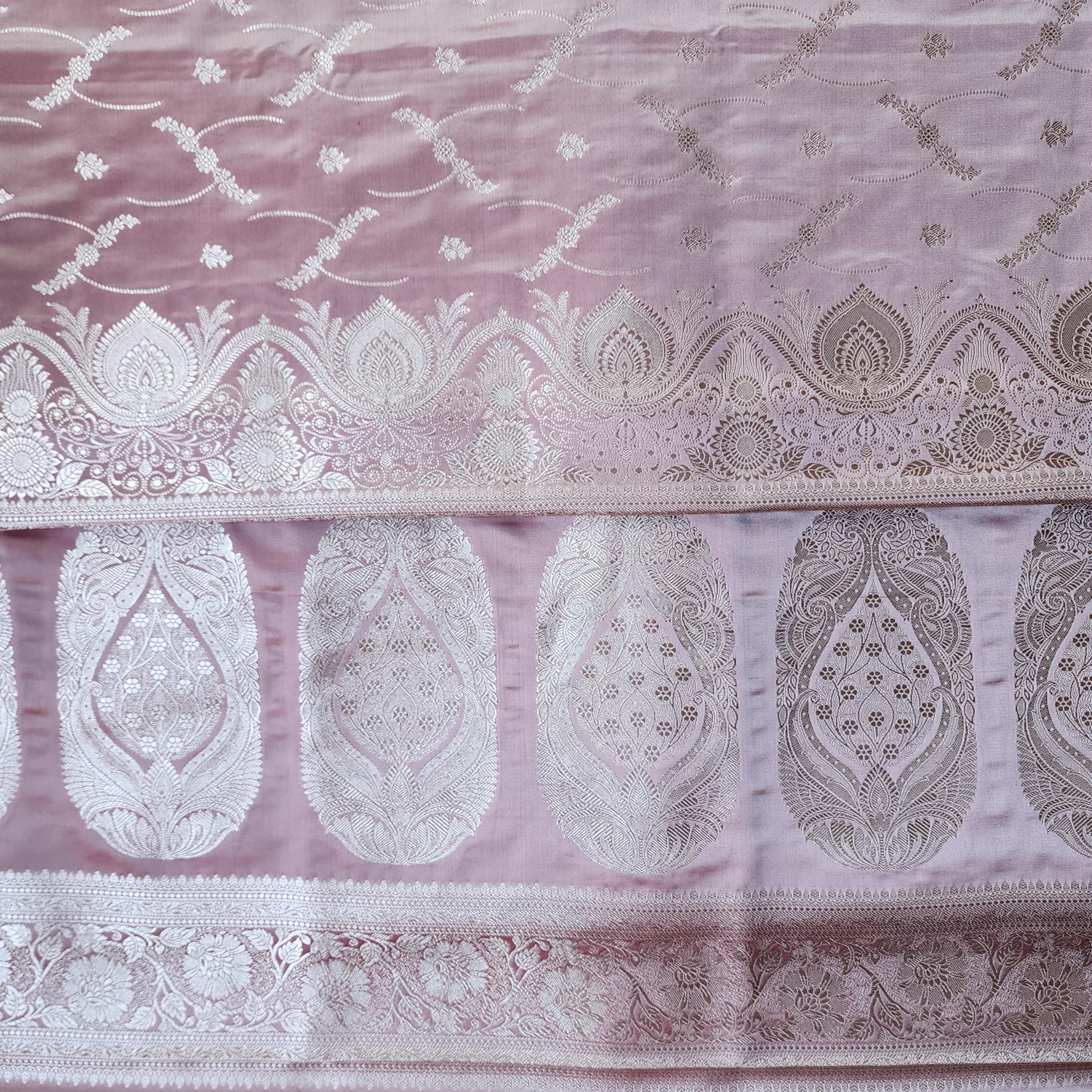 Dusty Rose Pink Pure Banarasi Katan Silk Saree with light Gold Zari Weaving