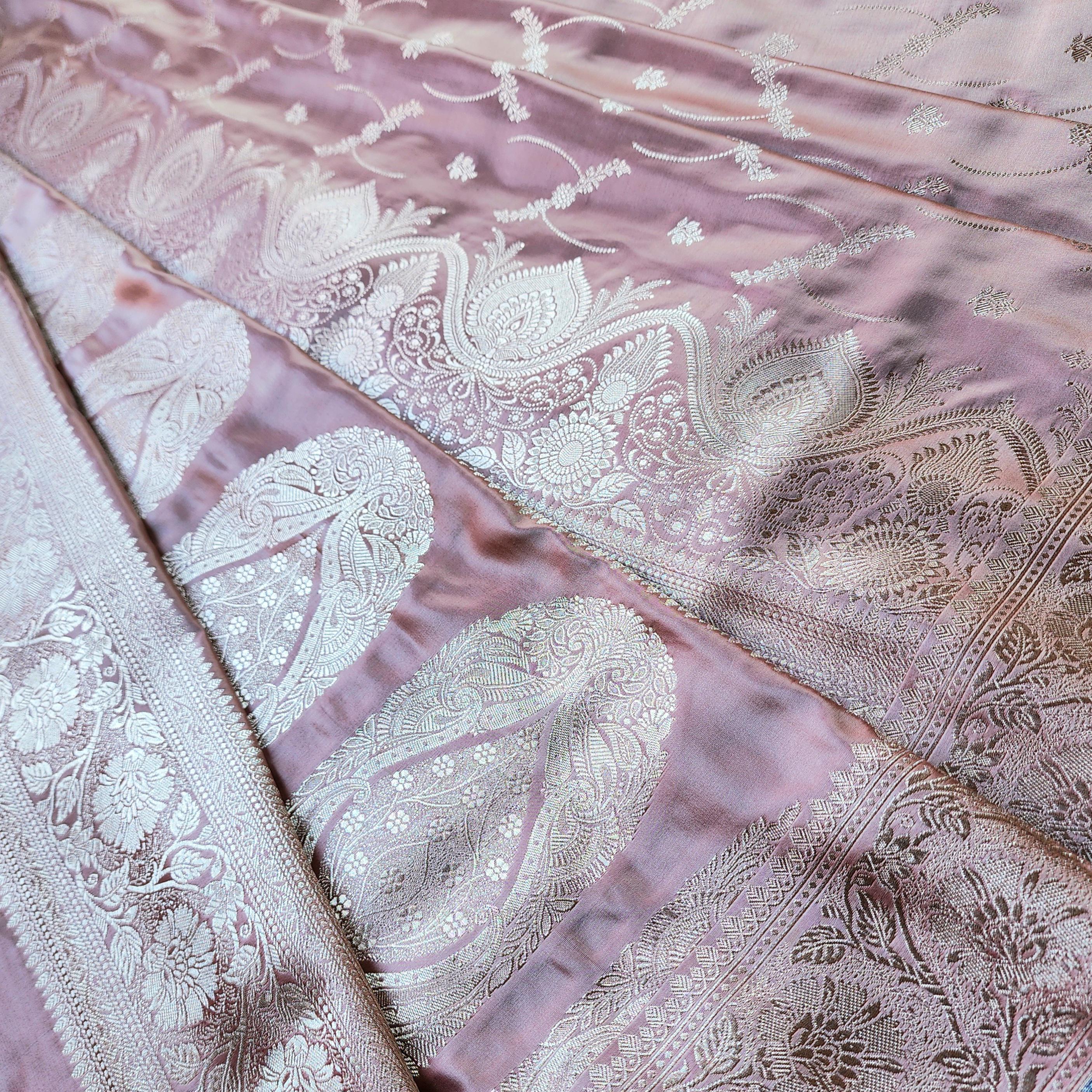 Dusty Rose Pink Pure Banarasi Katan Silk Saree with light Gold Zari Weaving