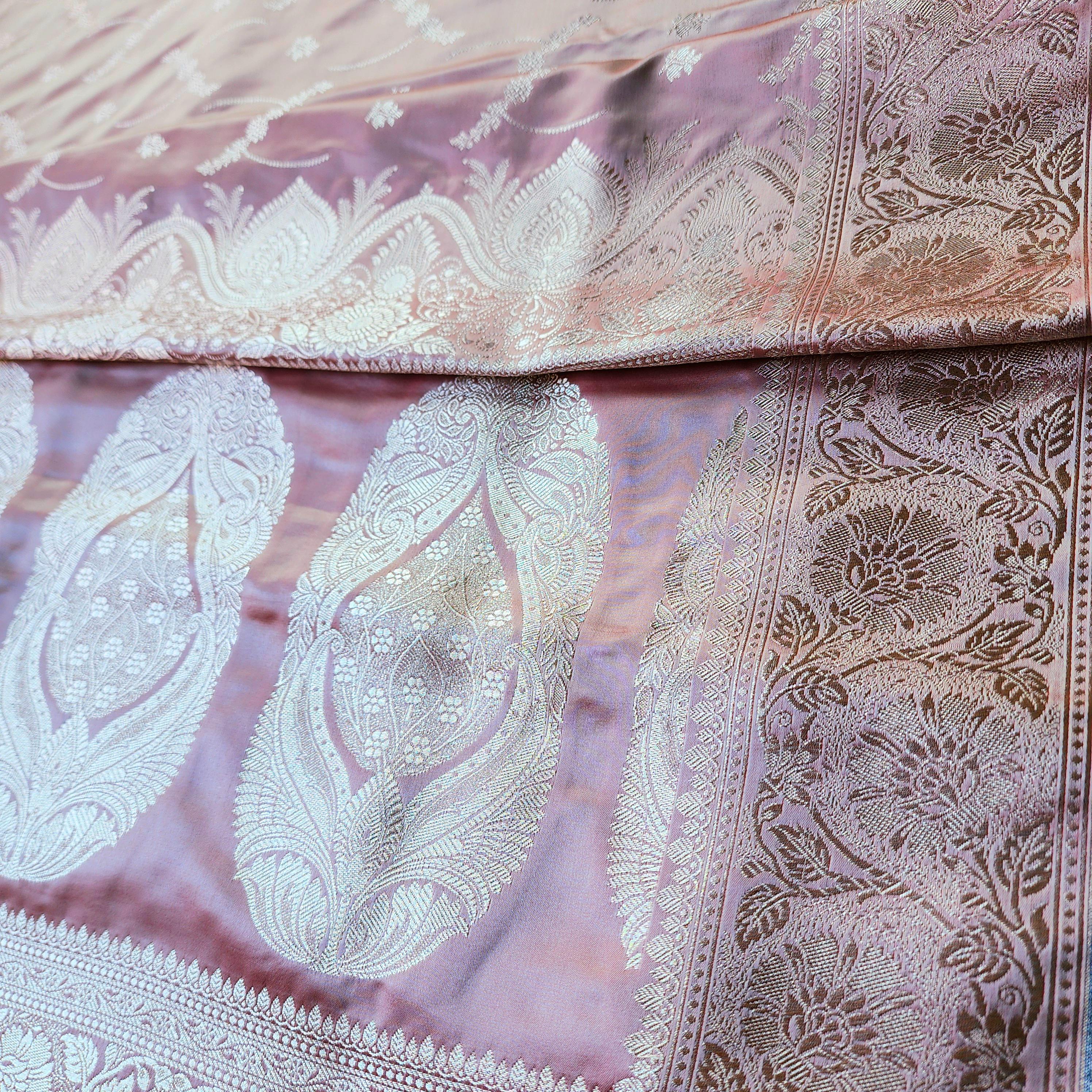 Dusty Rose Pink Pure Banarasi Katan Silk Saree with light Gold Zari Weaving