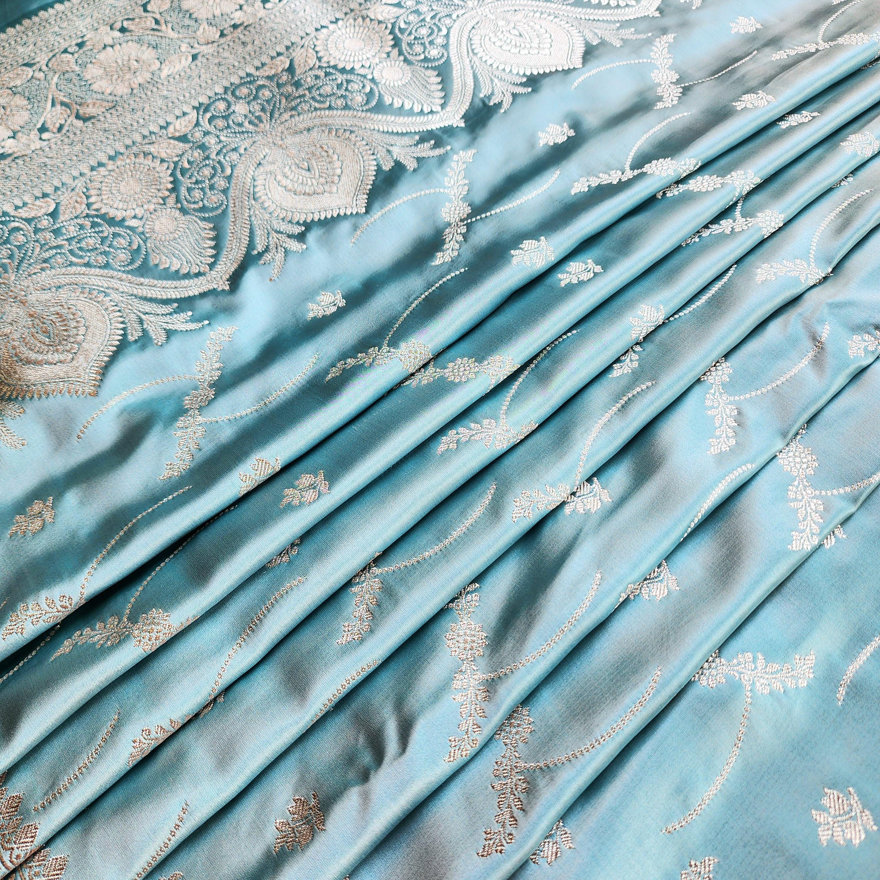 Pastel Aqua Blue Pure Banarasi Katan Silk Saree with Light Gold Zari Weaving