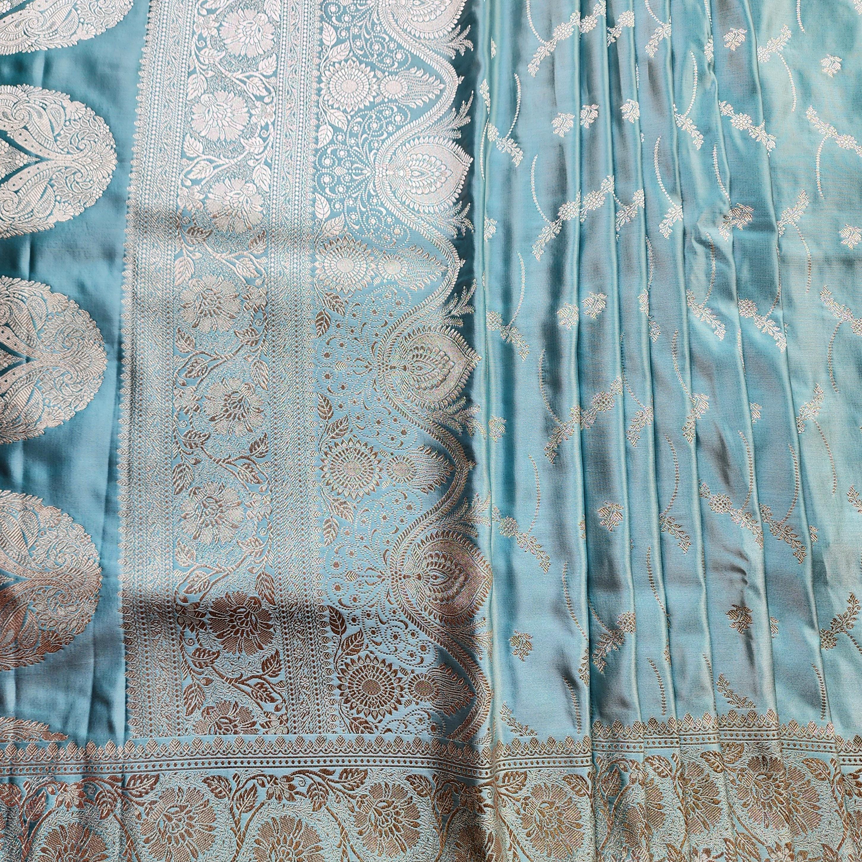 Pastel Aqua Blue Pure Banarasi Katan Silk Saree with Light Gold Zari Weaving