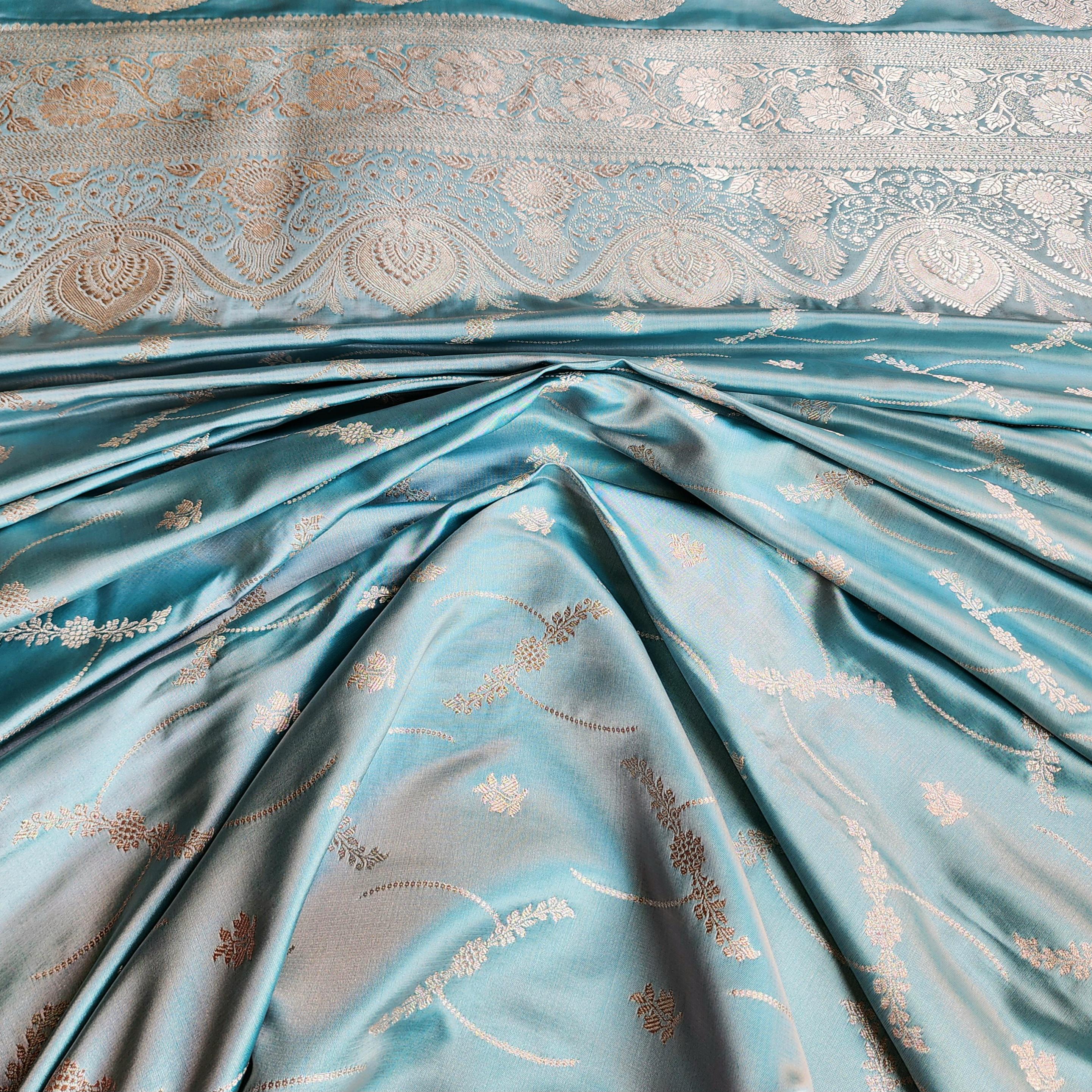 Pastel Aqua Blue Pure Banarasi Katan Silk Saree with Light Gold Zari Weaving