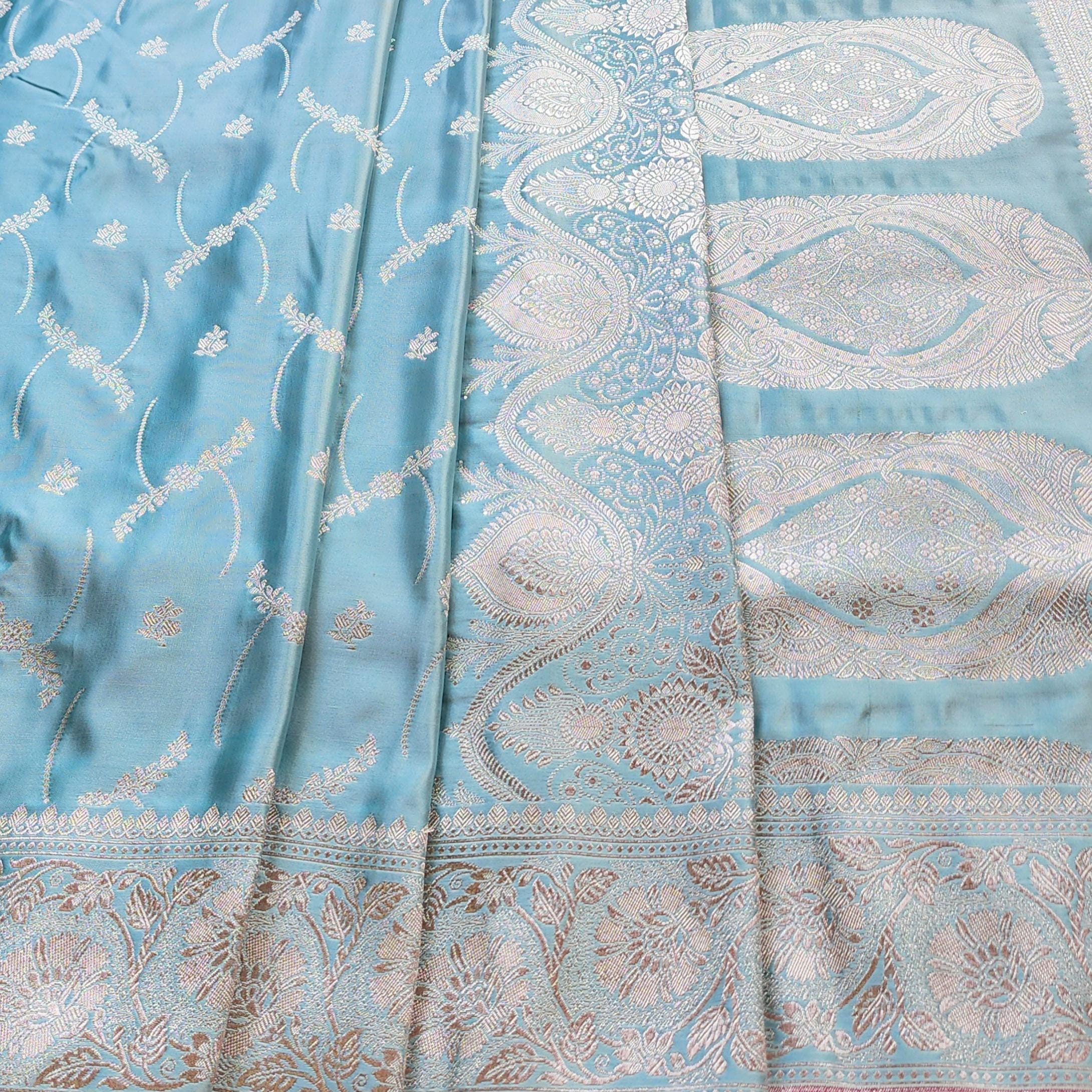 Pastel Aqua Blue Pure Banarasi Katan Silk Saree with Light Gold Zari Weaving
