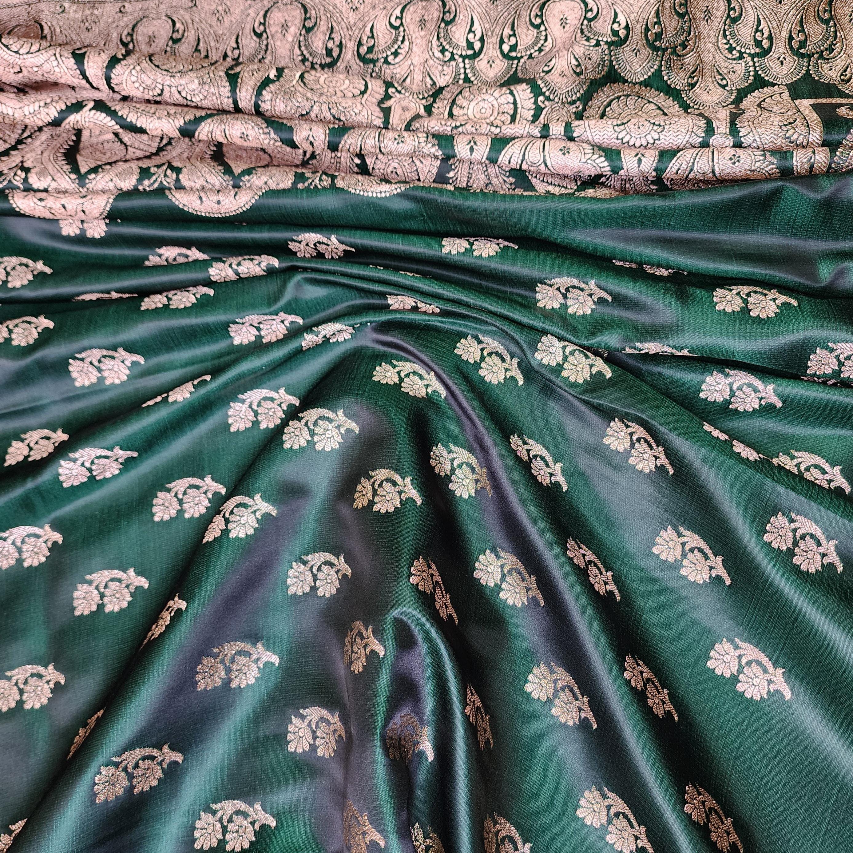 Deep Emerald Green Pure Banarasi Katan Silk Saree with light Gold Zari Weaving