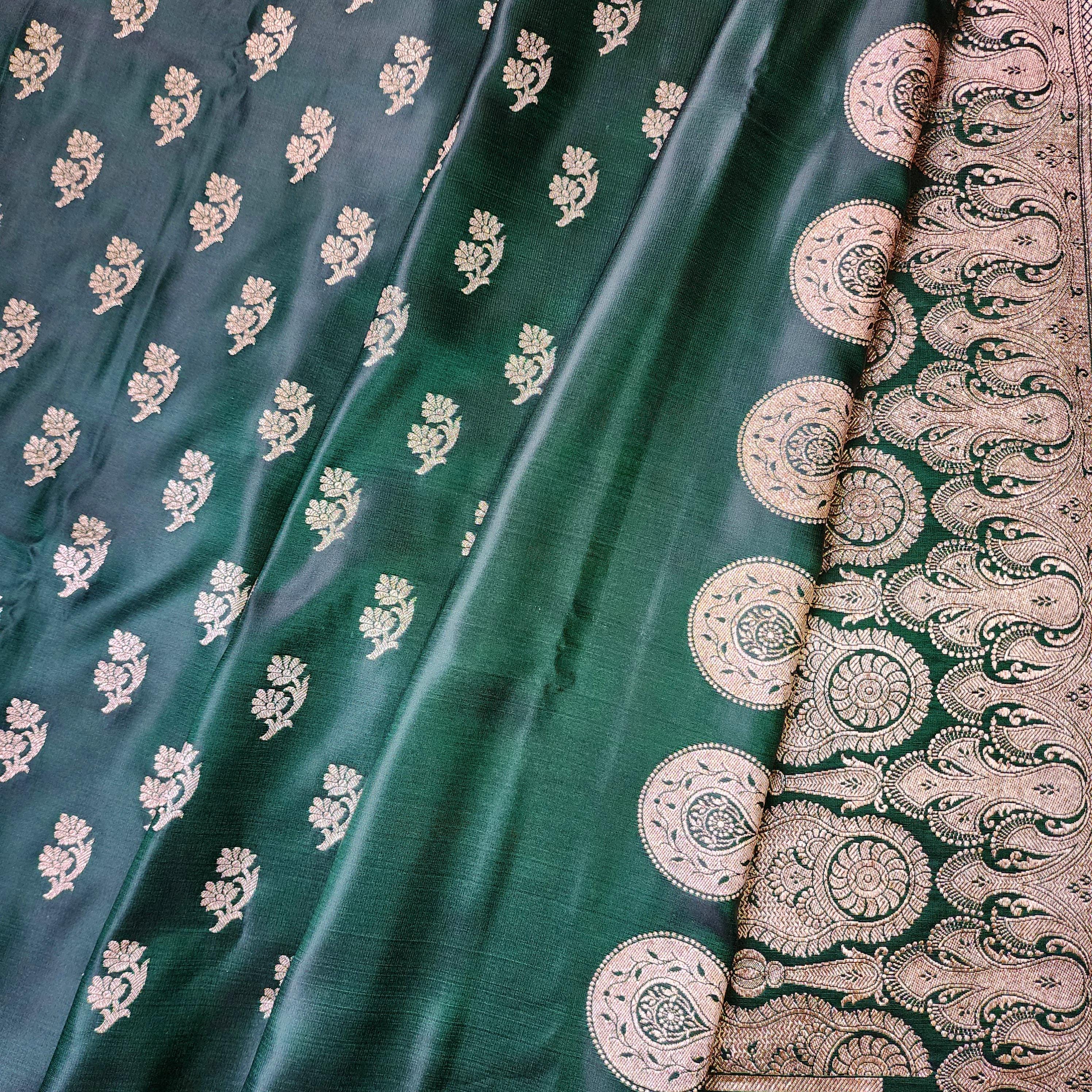 Deep Emerald Green Pure Banarasi Katan Silk Saree with light Gold Zari Weaving