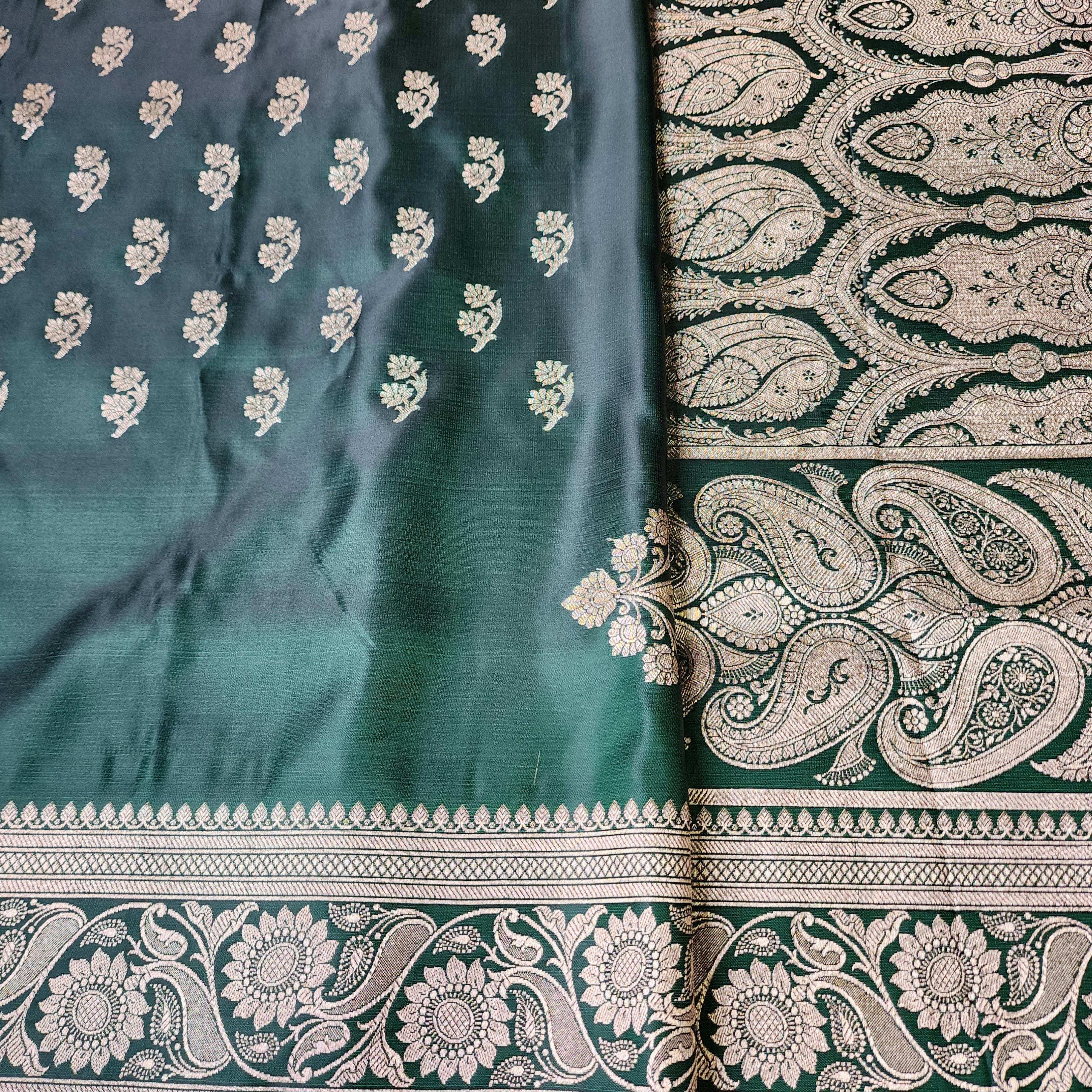 Deep Emerald Green Pure Banarasi Katan Silk Saree with light Gold Zari Weaving