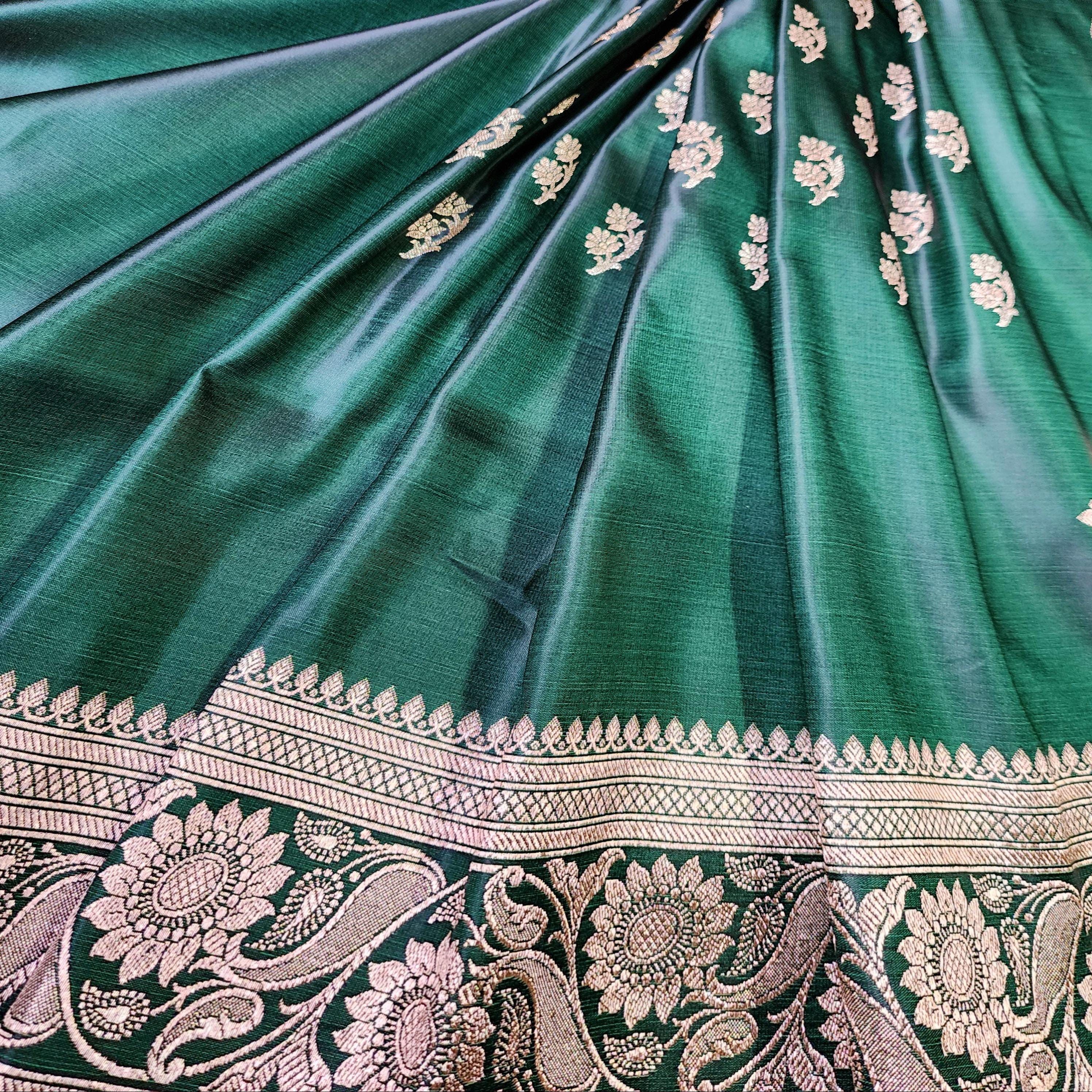 Deep Emerald Green Pure Banarasi Katan Silk Saree with light Gold Zari Weaving