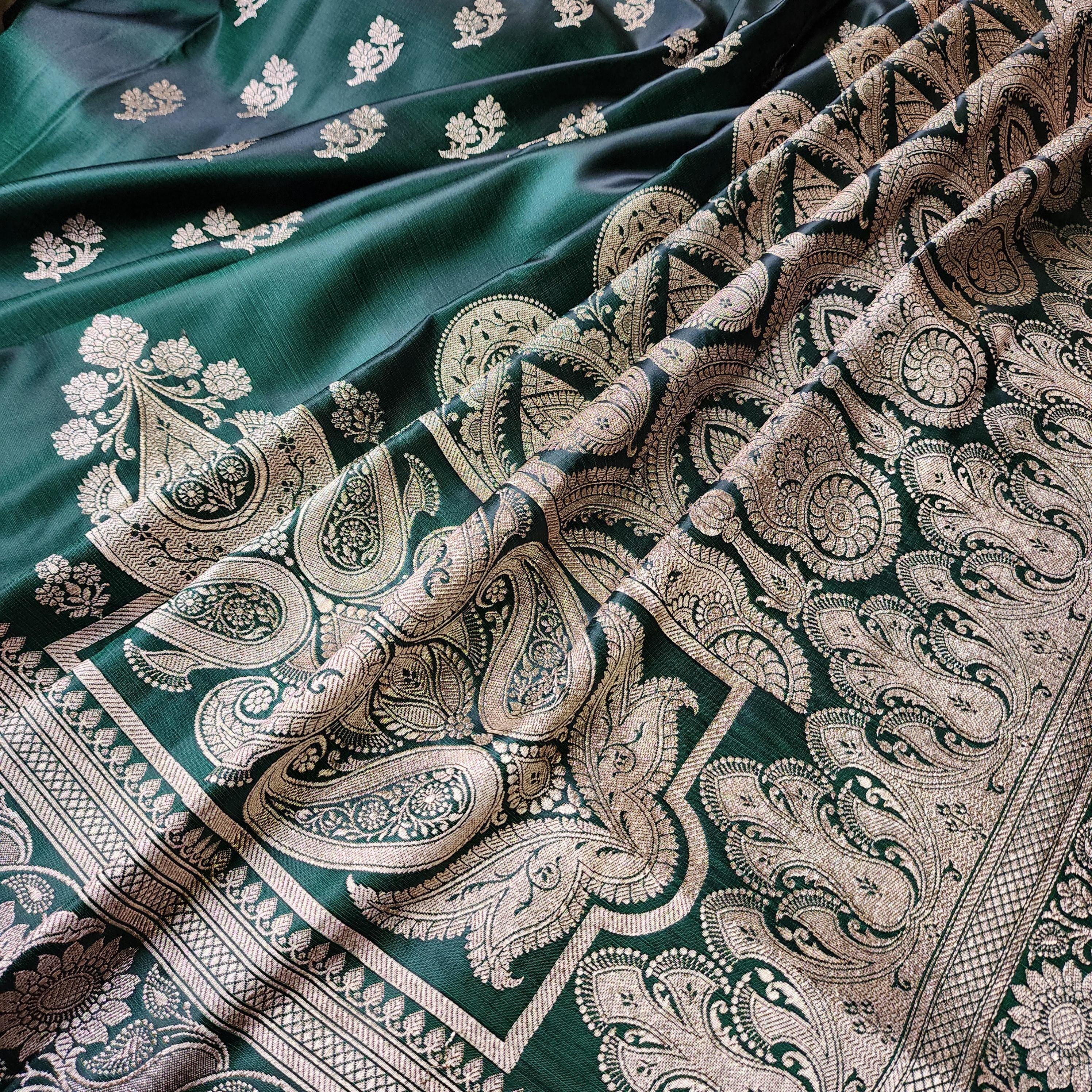 Deep Emerald Green Pure Banarasi Katan Silk Saree with light Gold Zari Weaving