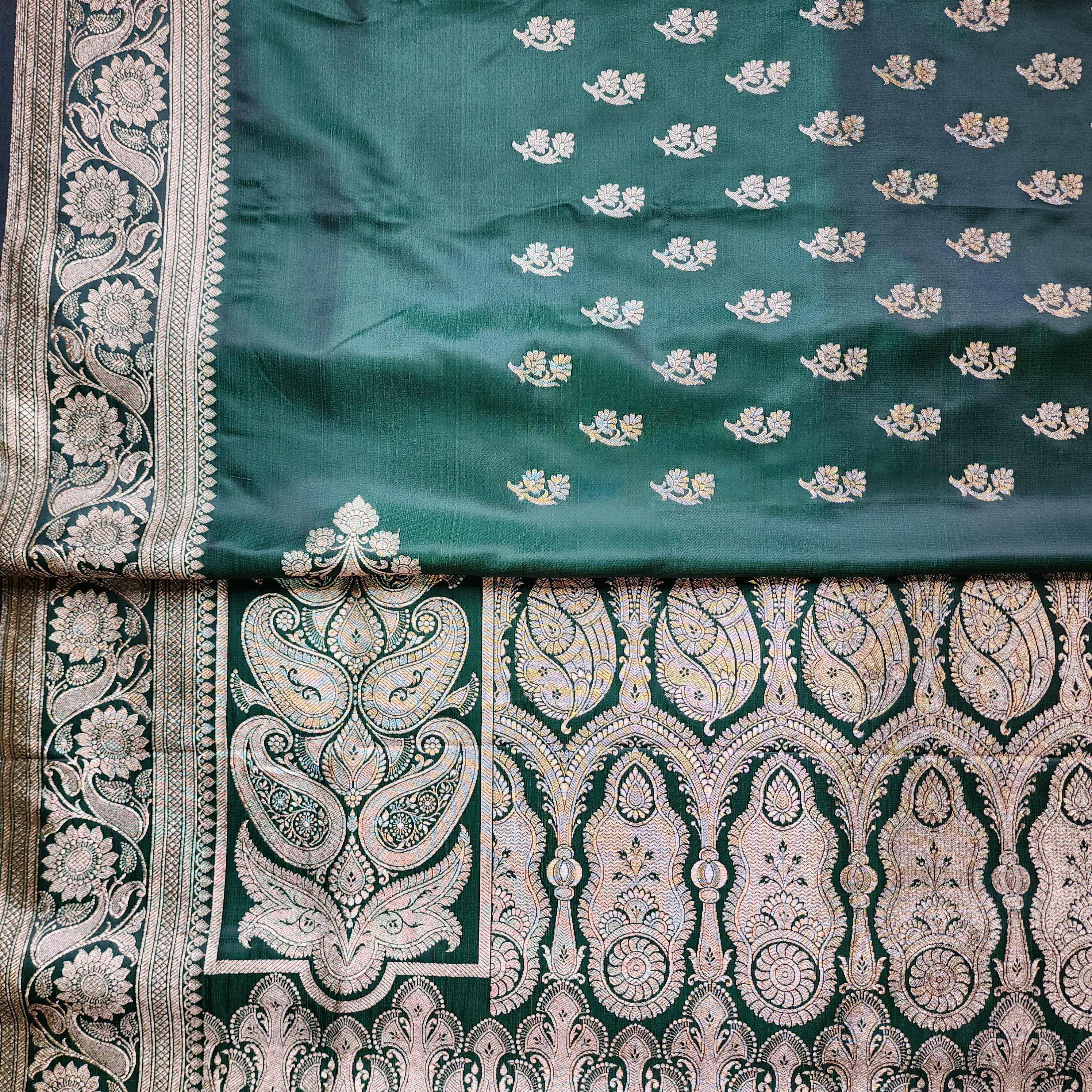 Deep Emerald Green Pure Banarasi Katan Silk Saree with light Gold Zari Weaving