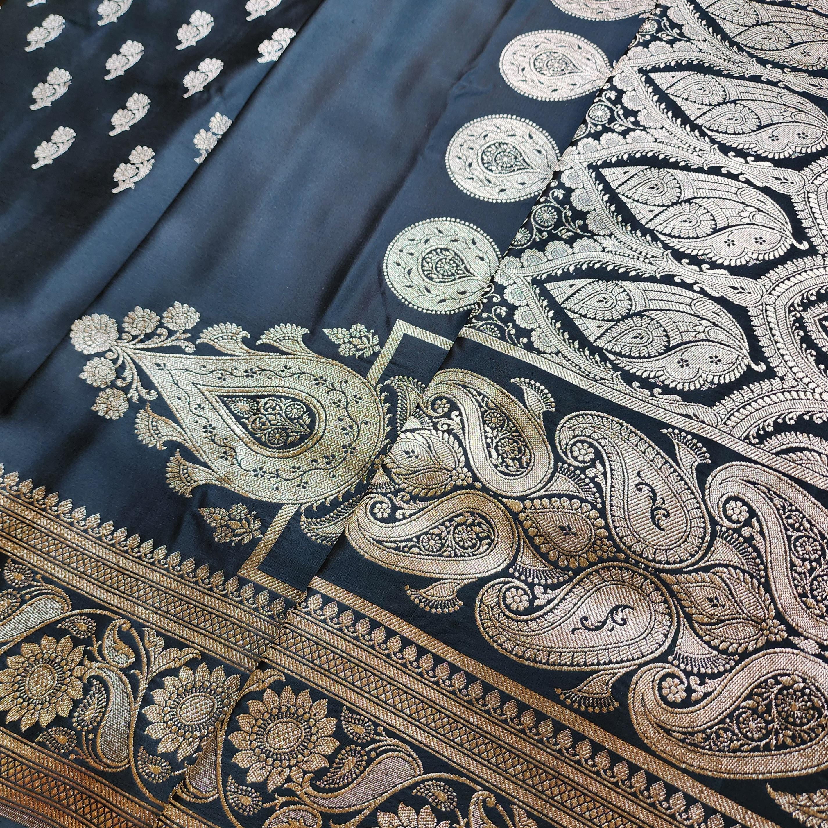 Mighty Black Pure Banarasi Katan Silk Saree with light Gold Zari Weaving