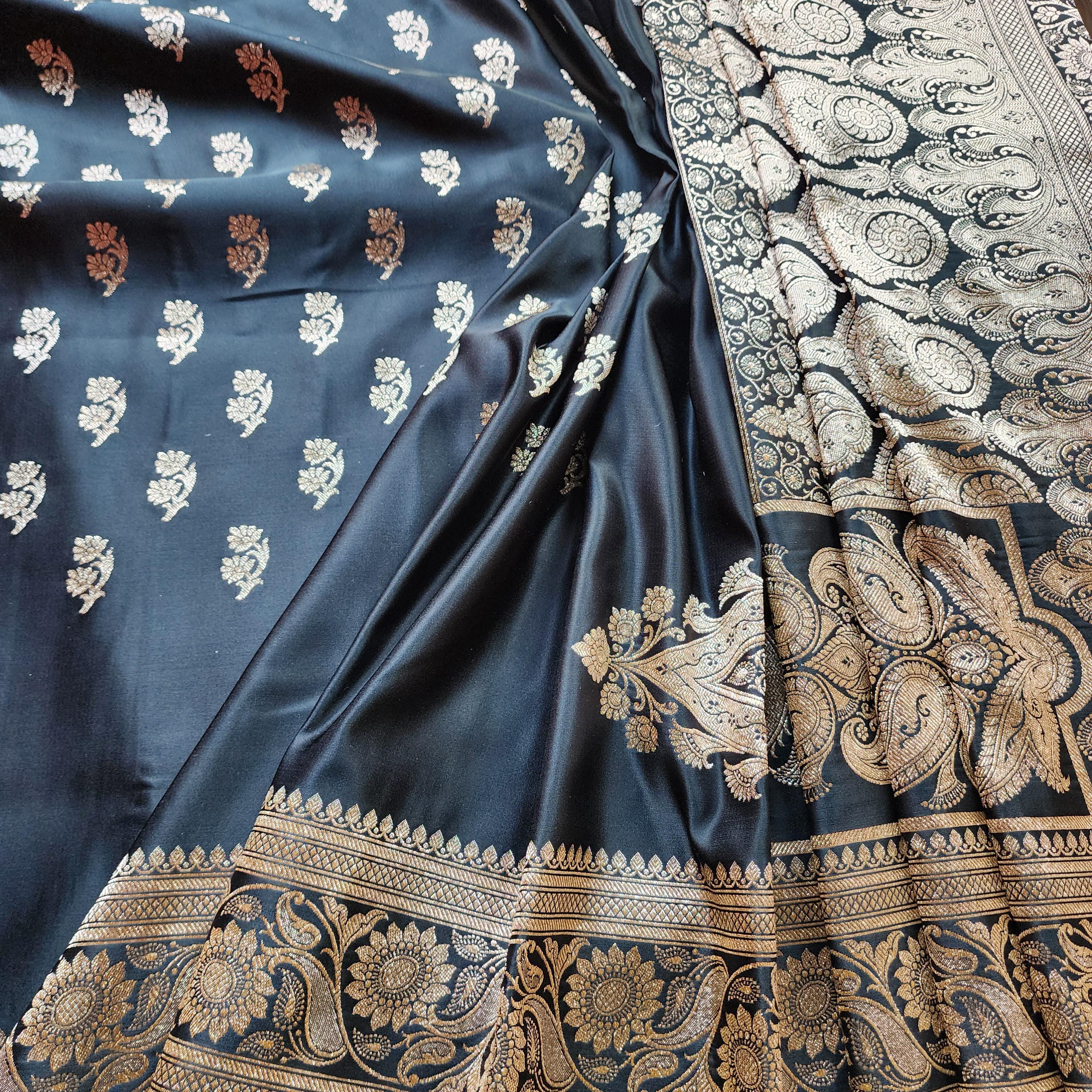 Mighty Black Pure Banarasi Katan Silk Saree with light Gold Zari Weaving