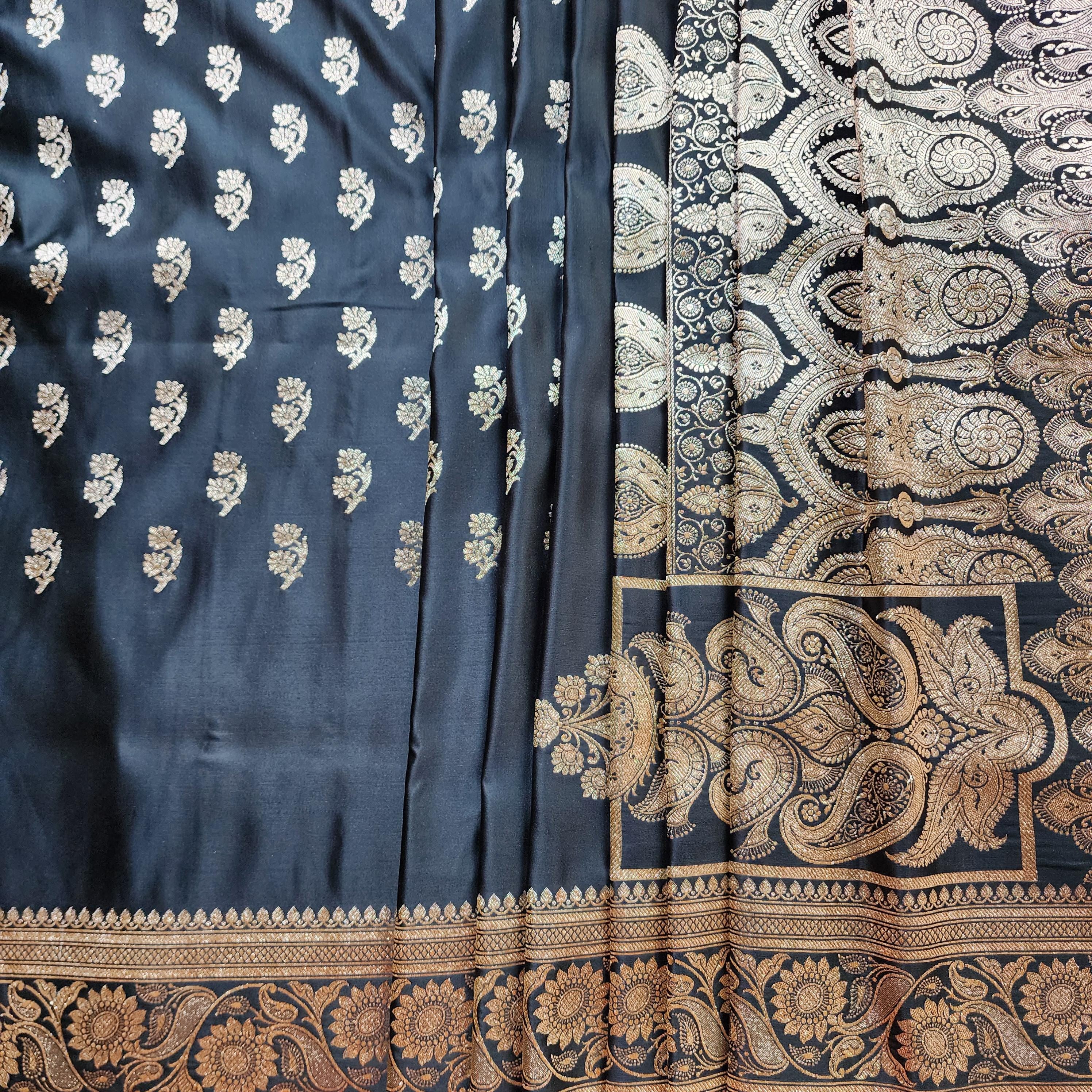 Mighty Black Pure Banarasi Katan Silk Saree with light Gold Zari Weaving