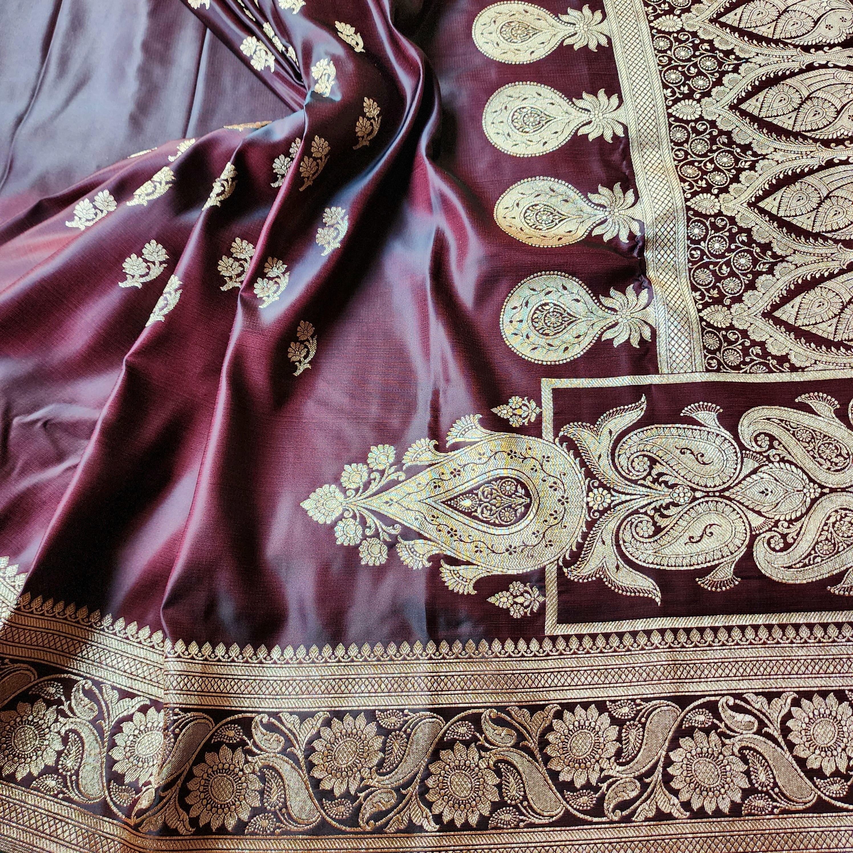 Coffee Brown Pure Banarasi Katan Silk Saree with light Gold Zari Weaving