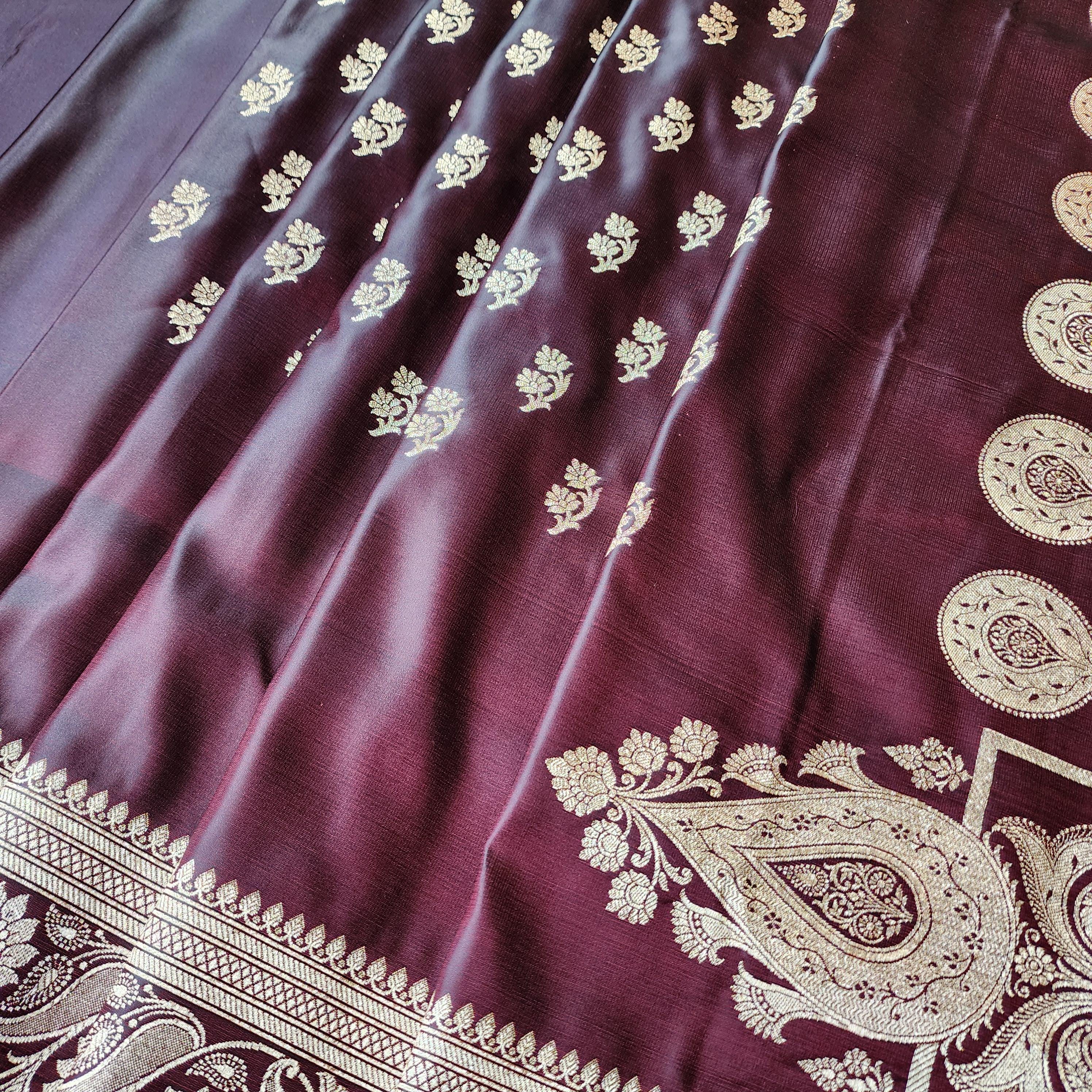 Coffee Brown Pure Banarasi Katan Silk Saree with light Gold Zari Weaving