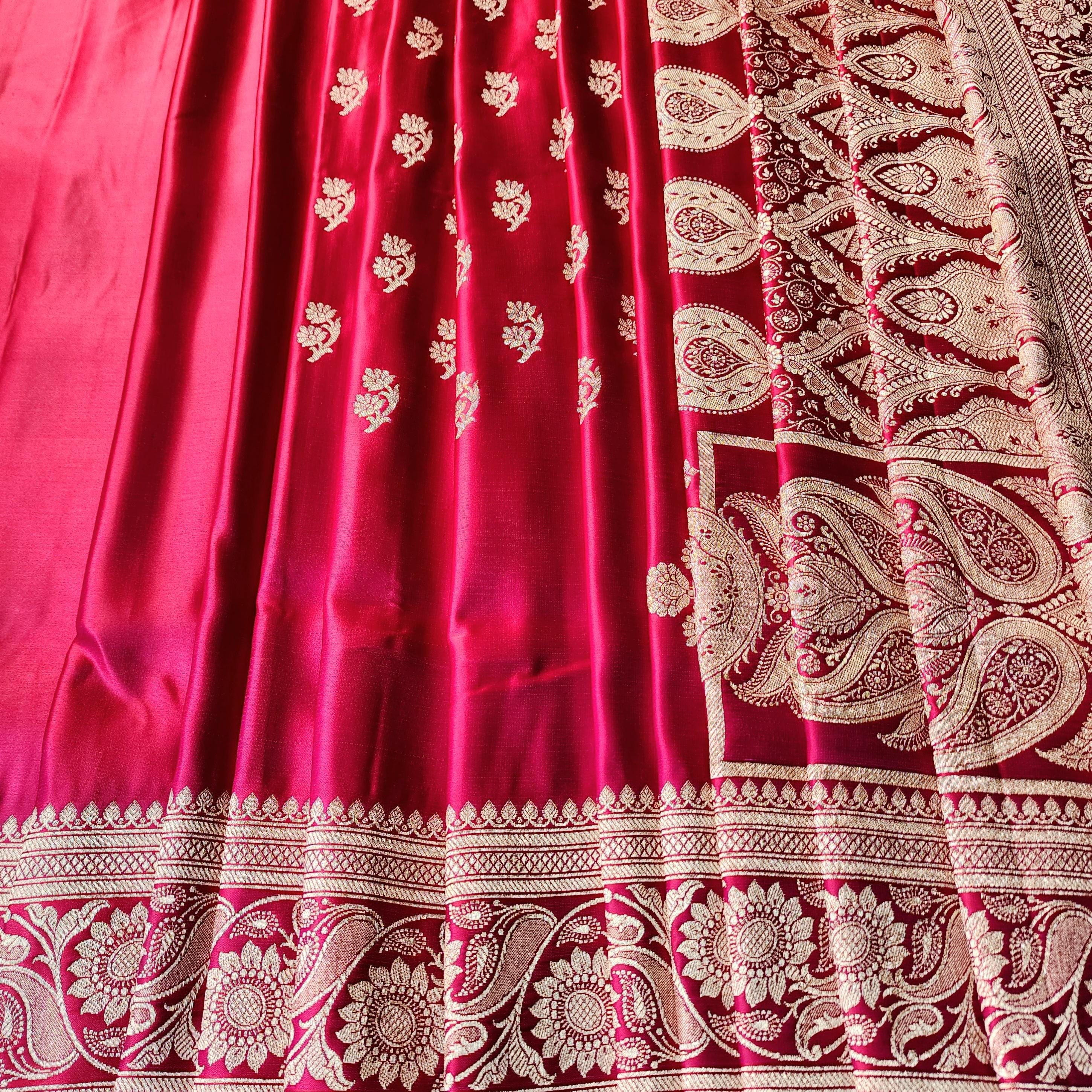 Bright Red Pure Banarasi Katan Silk Saree with light Gold Zari Weaving