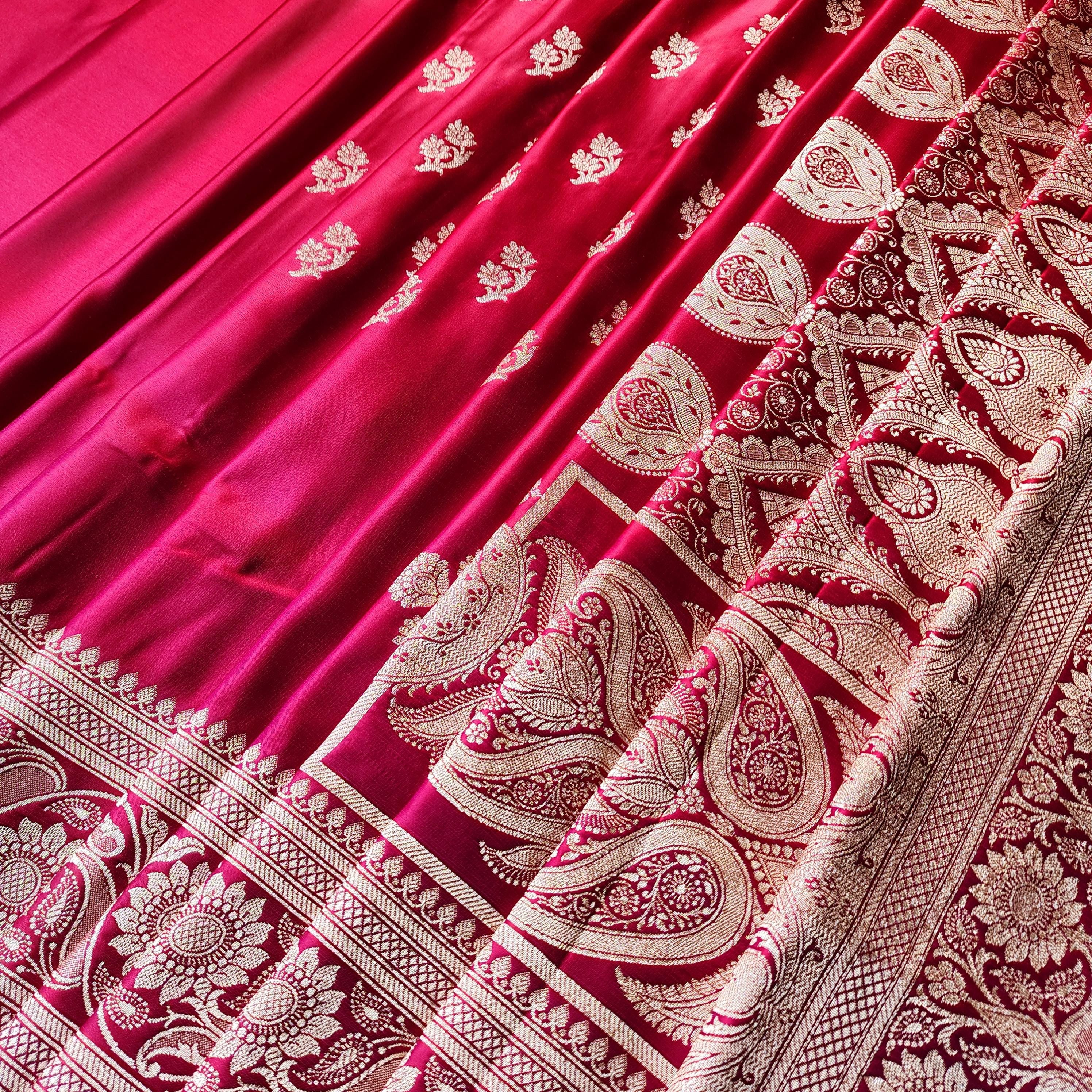 Bright Red Pure Banarasi Katan Silk Saree with light Gold Zari Weaving