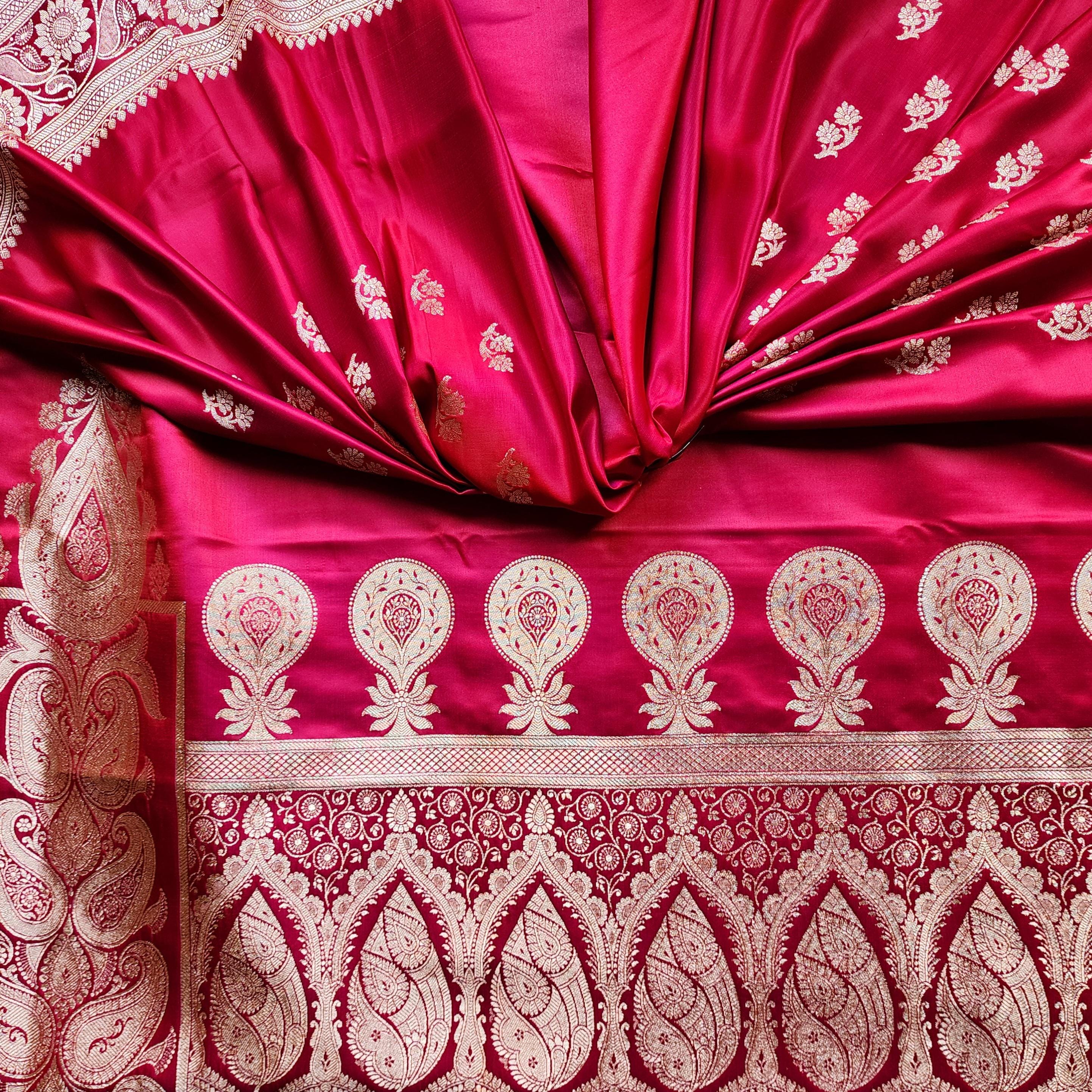 Bright Red Pure Banarasi Katan Silk Saree with light Gold Zari Weaving