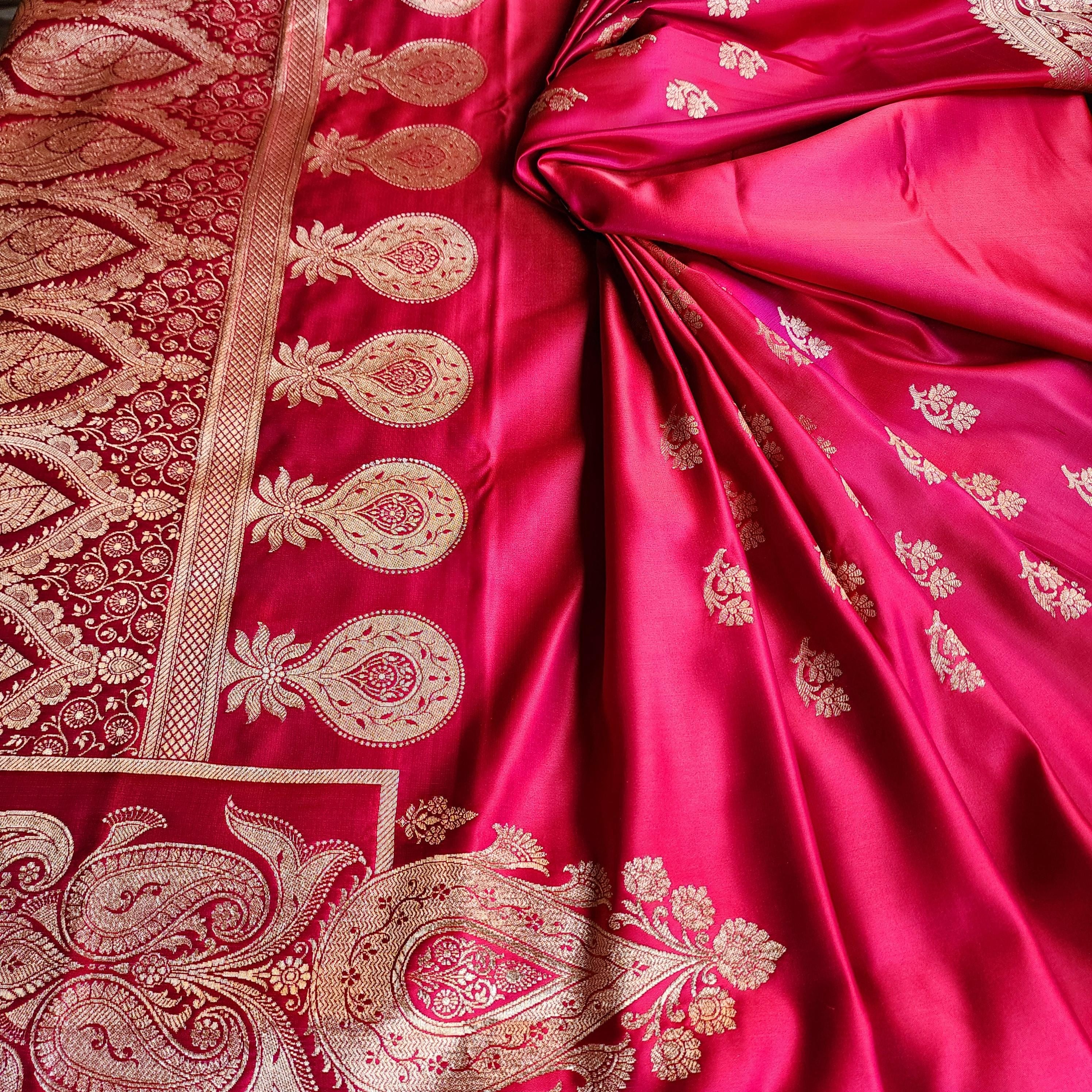 Bright Red Pure Banarasi Katan Silk Saree with light Gold Zari Weaving