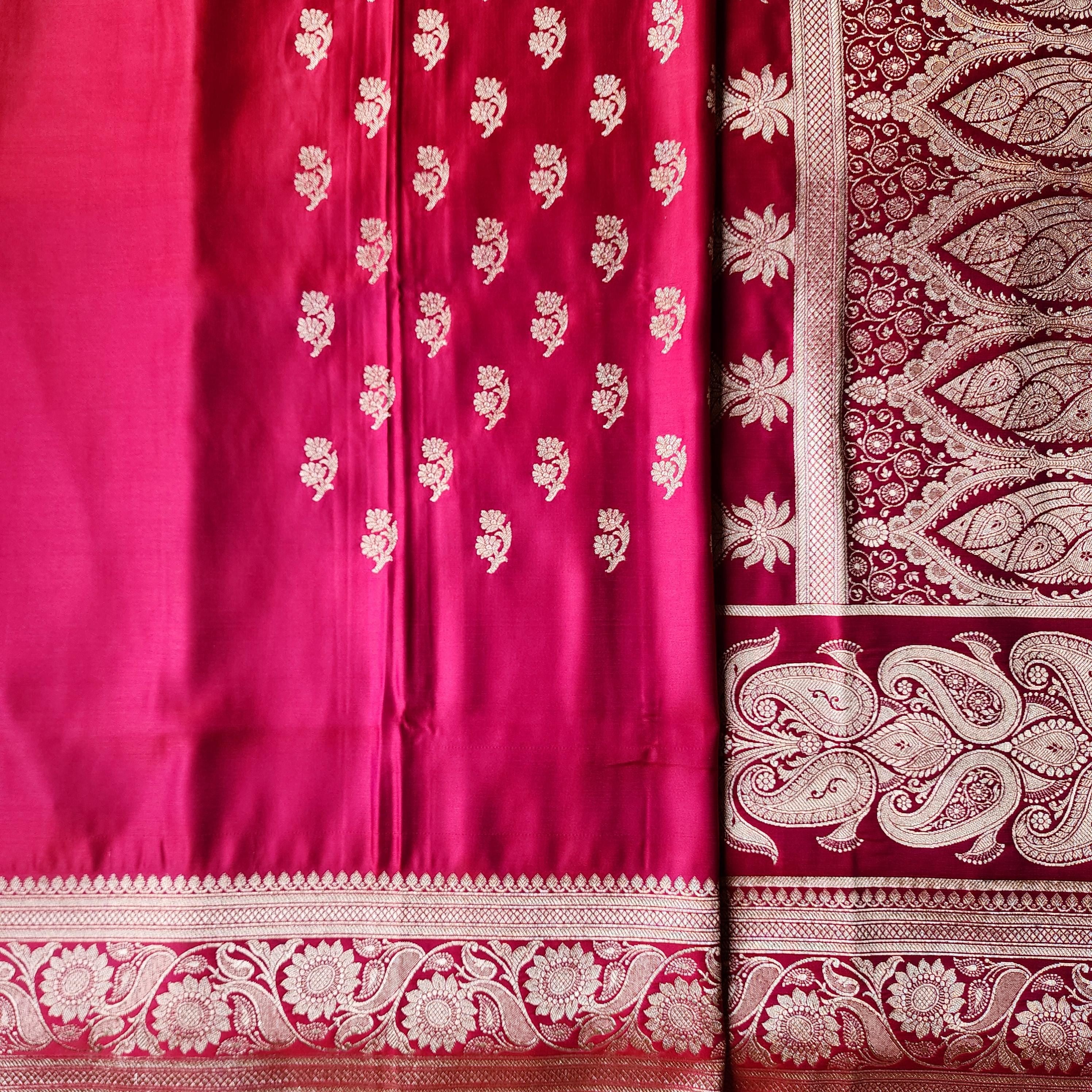 Bright Red Pure Banarasi Katan Silk Saree with light Gold Zari Weaving