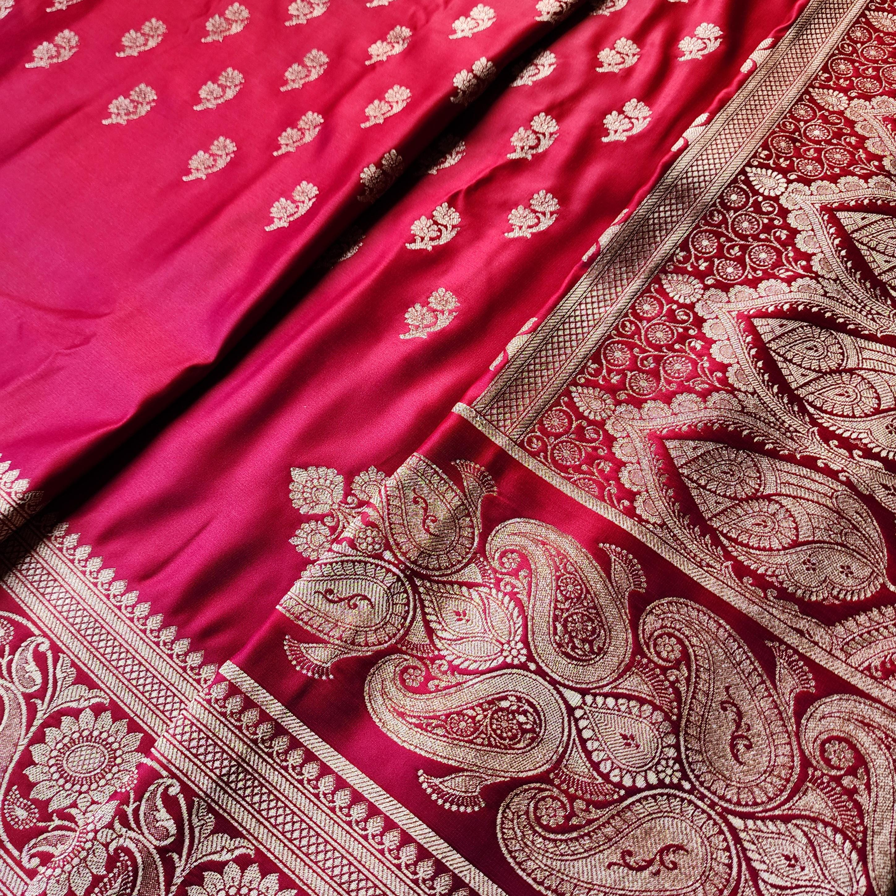 Bright Red Pure Banarasi Katan Silk Saree with light Gold Zari Weaving