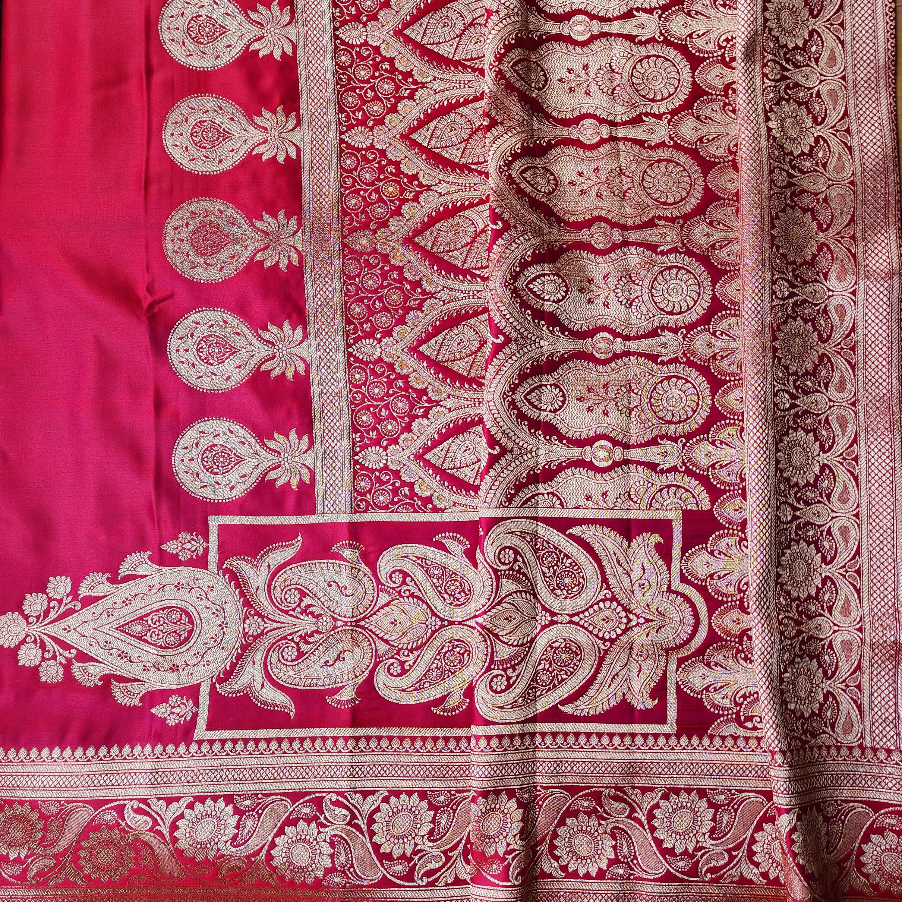 Bright Red Pure Banarasi Katan Silk Saree with light Gold Zari Weaving
