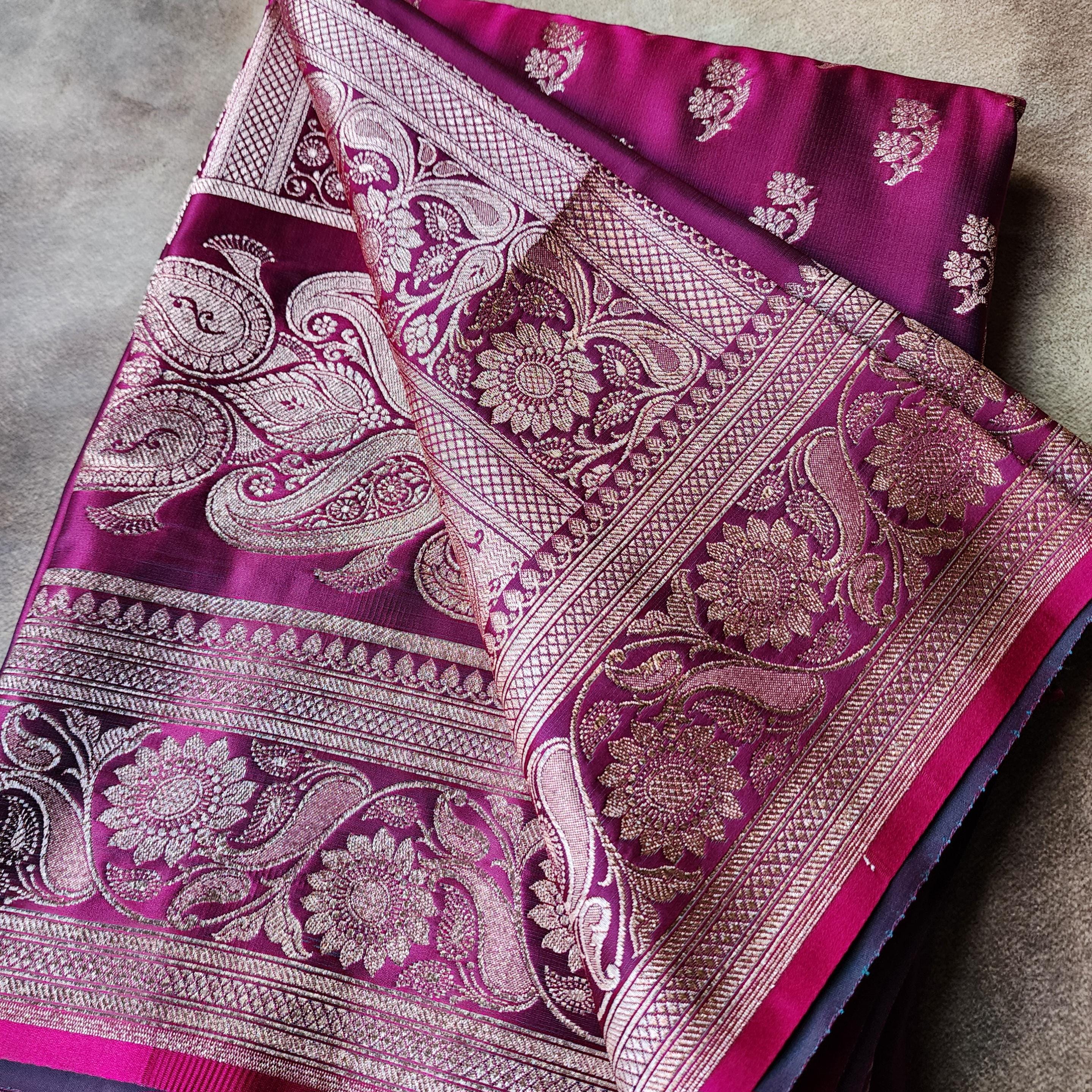 Hot Pink Pure Banarasi Katan Silk Saree with light Gold Zari Weaving
