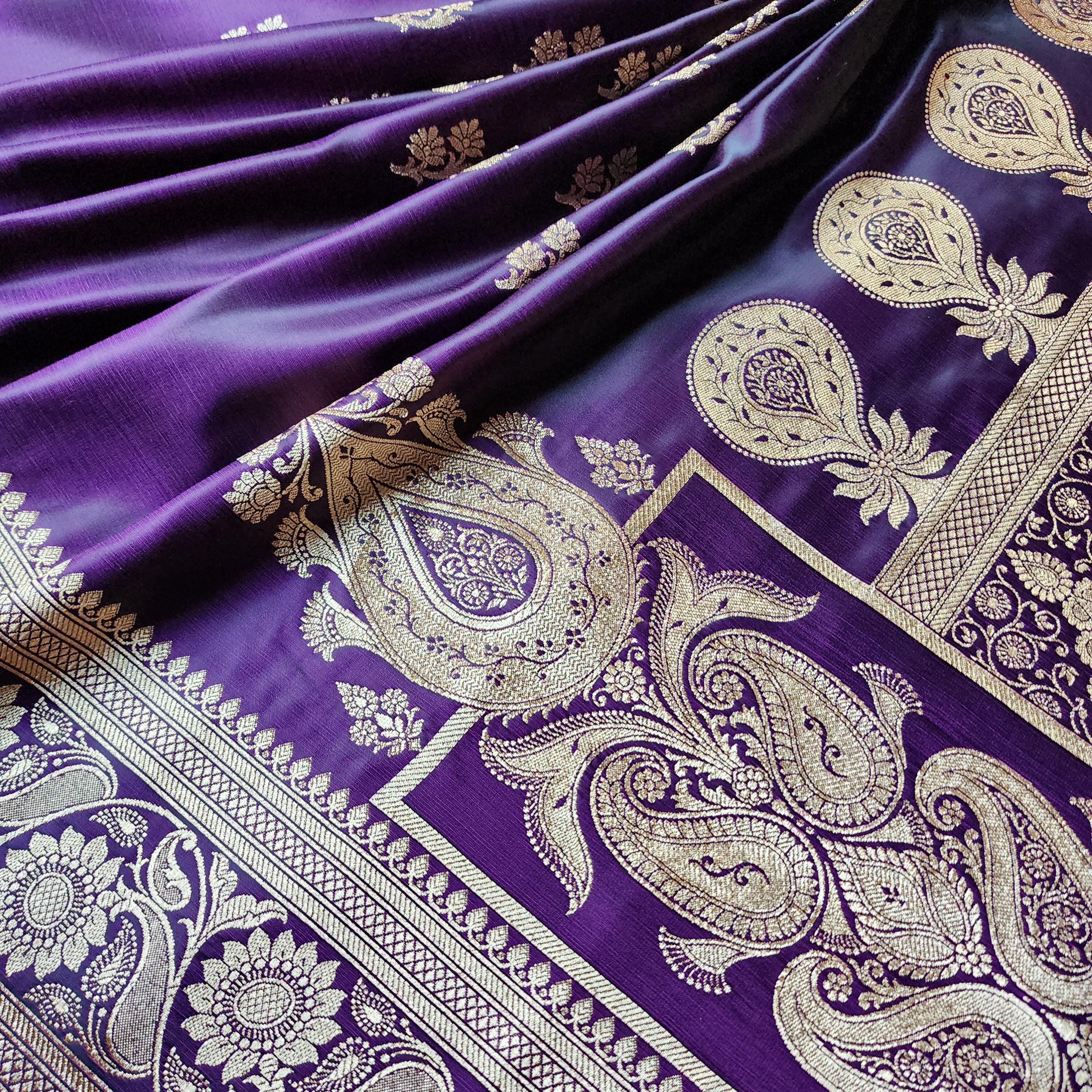 Plum Purple Pure Banarasi Katan Silk Saree with light Gold Zari Weaving