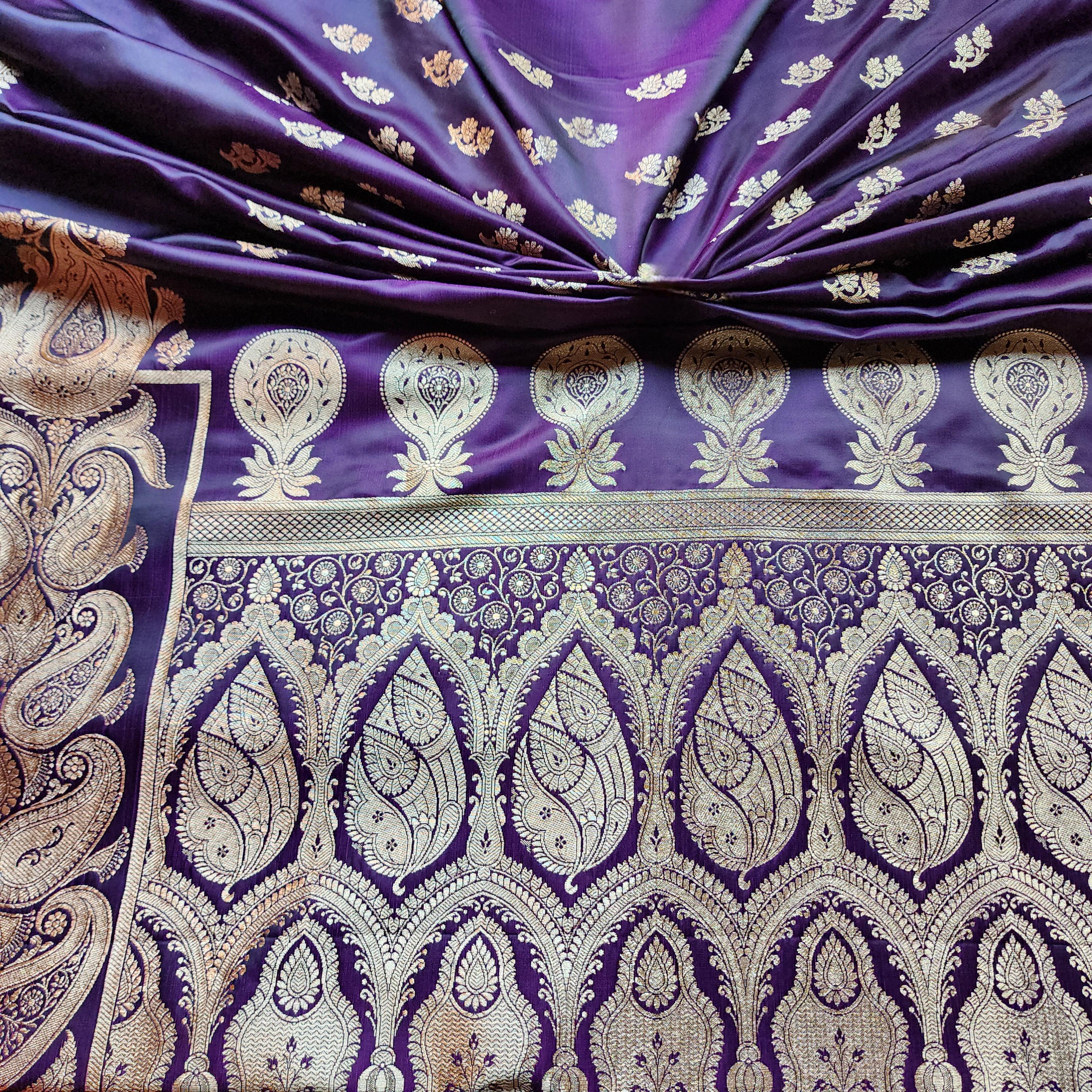 Plum Purple Pure Banarasi Katan Silk Saree with light Gold Zari Weaving