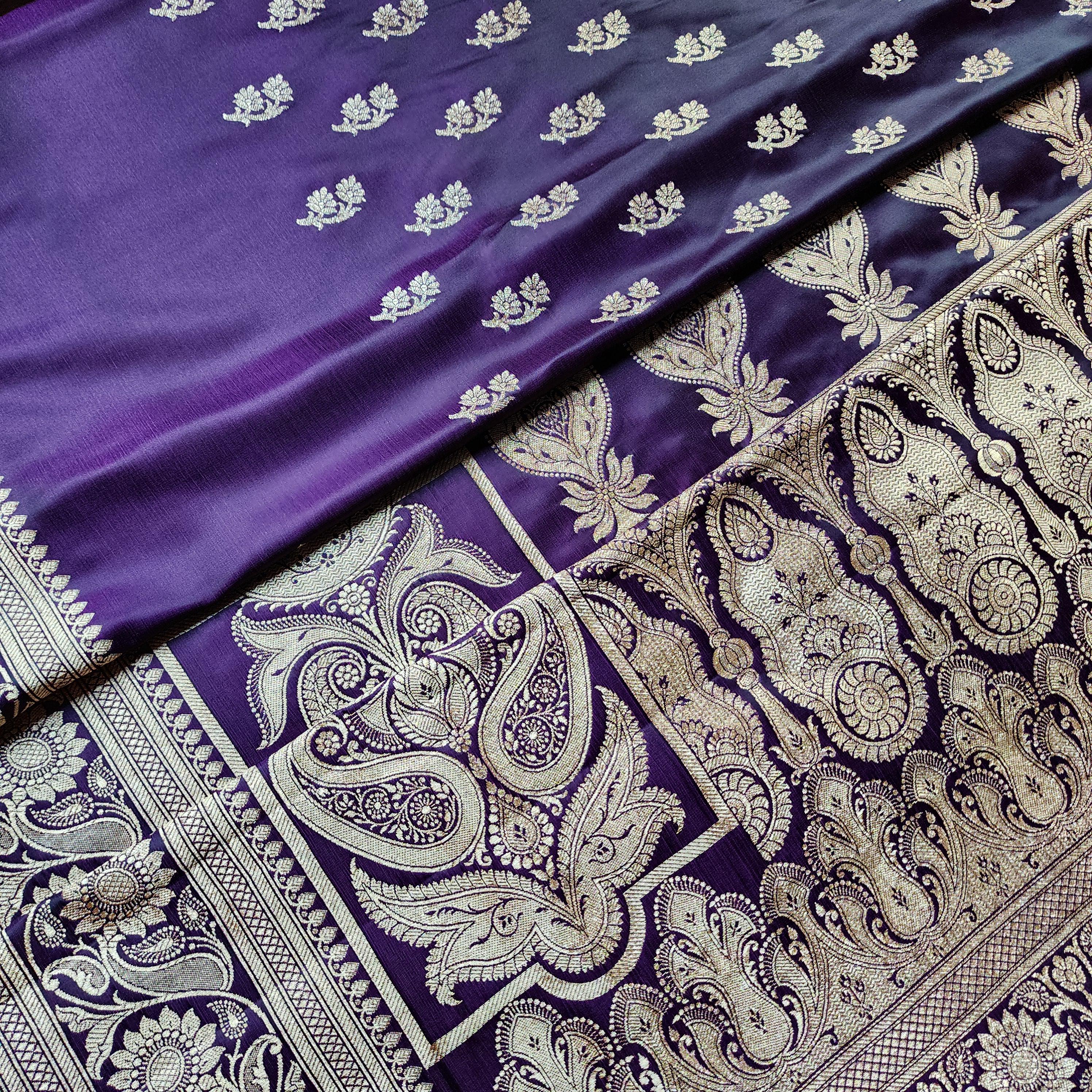 Plum Purple Pure Banarasi Katan Silk Saree with light Gold Zari Weaving