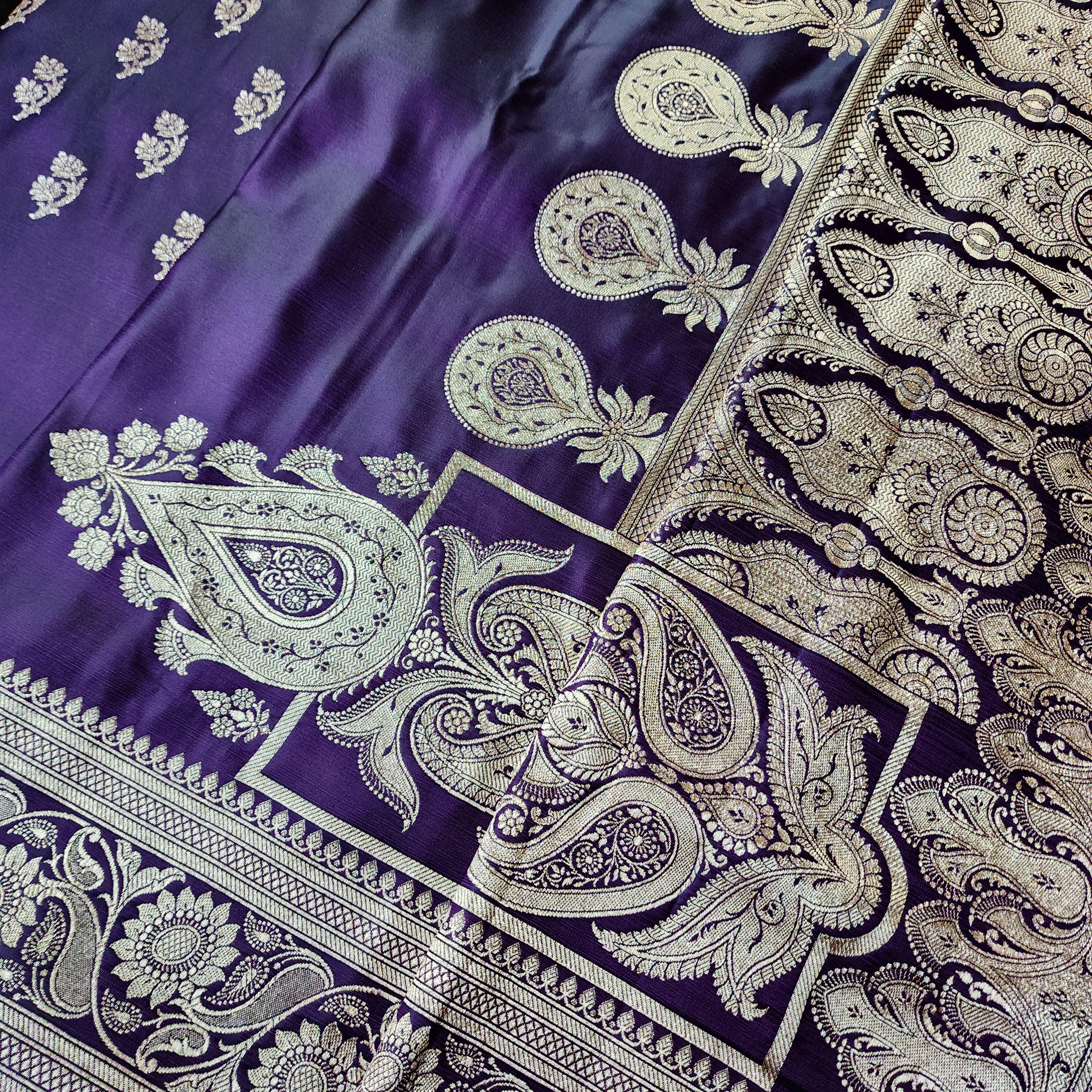 Plum Purple Pure Banarasi Katan Silk Saree with light Gold Zari Weaving