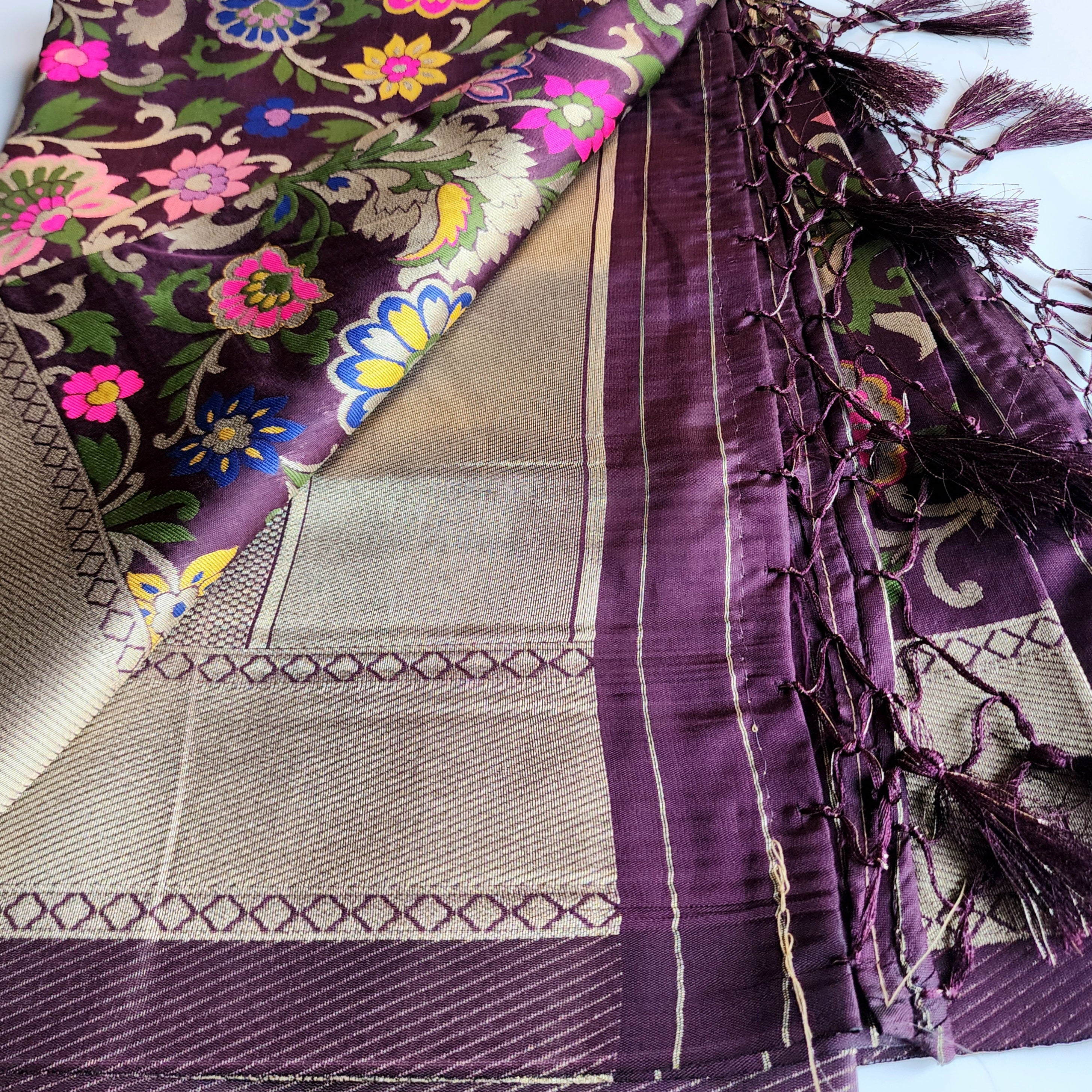 Banarasi Silk Dark Wine Dupatta with Multicolor & Gold Floral Handweaving