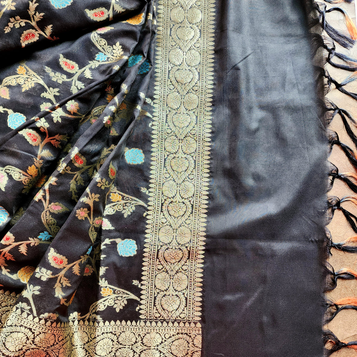 Black Banarasi Silk Dupatta with Gold Zari Border & Multicolor Meenakari Work