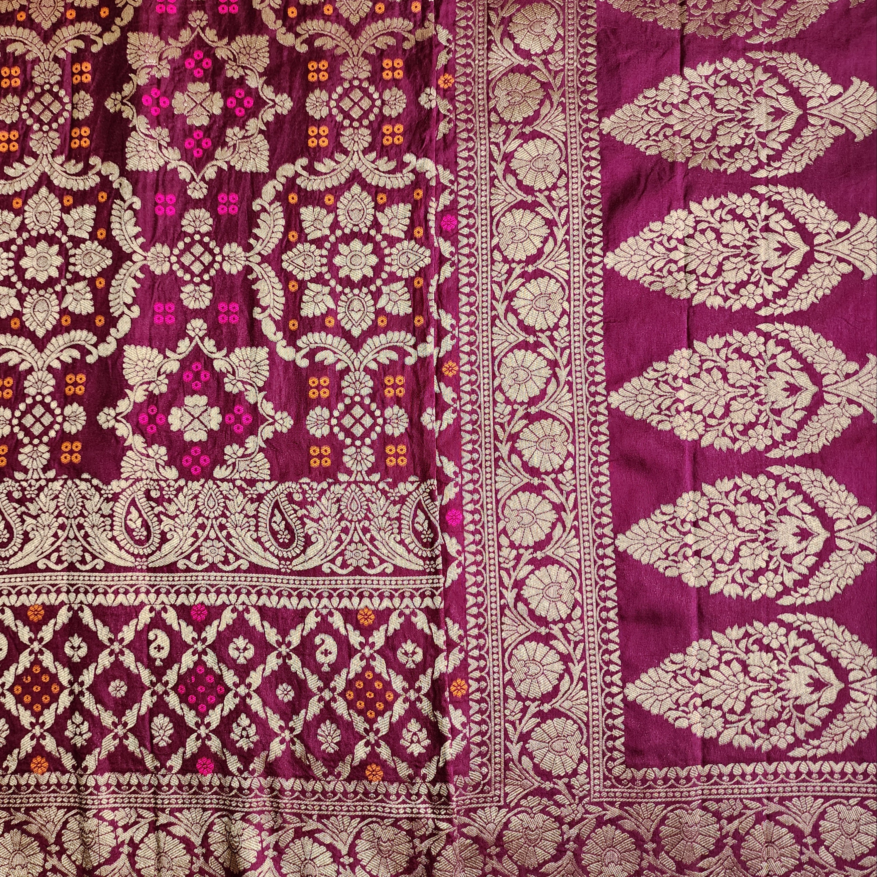 Deep Plum Bandhani Dupatta with Floral and Geometric Zari Weave
