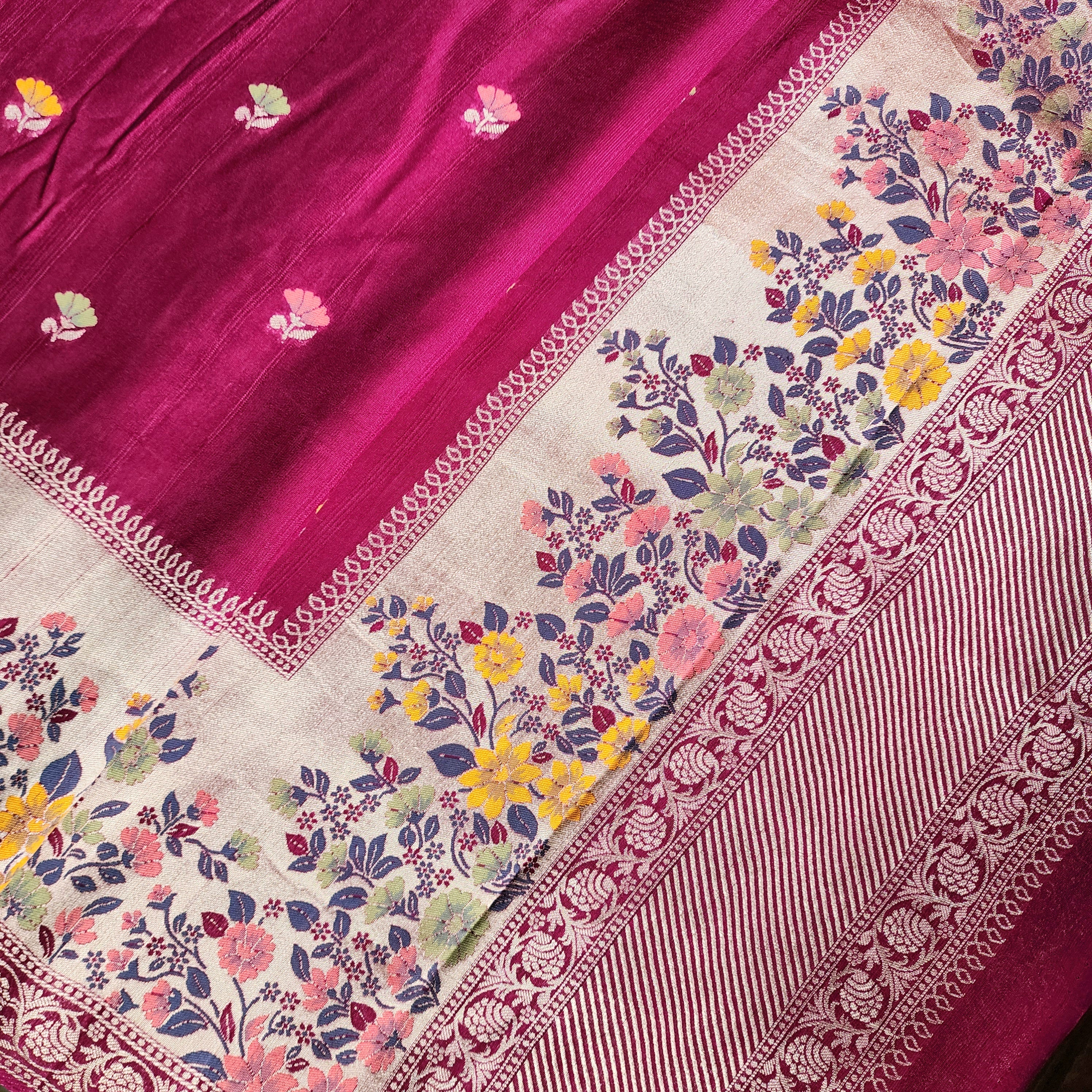 Soft Wine Raw Silk Saree With Pastel Floral Weaving and Off White Border