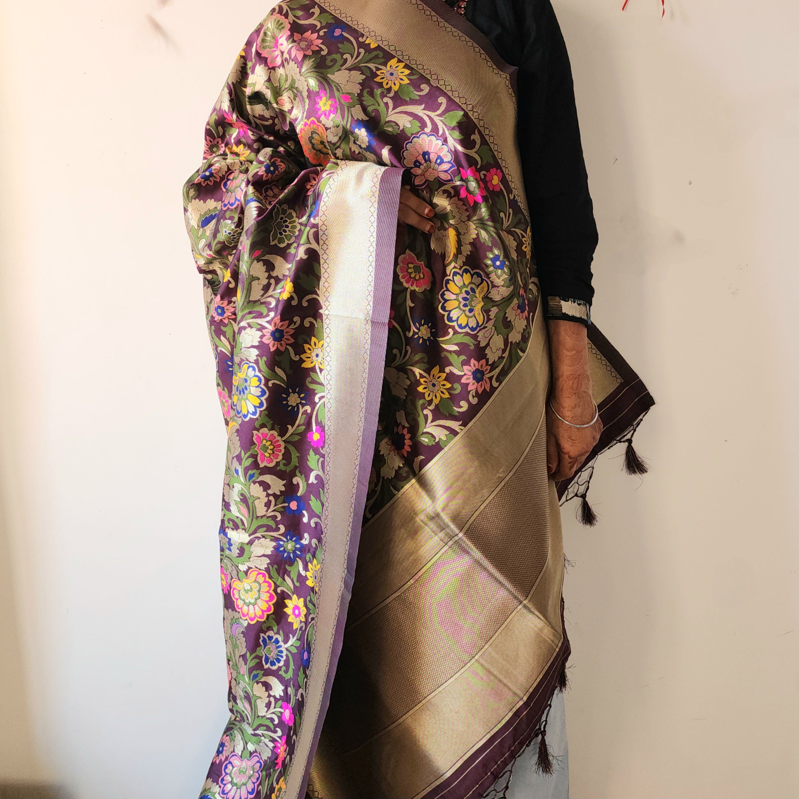 Banarasi Silk Dark Wine Dupatta with Multicolor & Gold Floral Handweaving